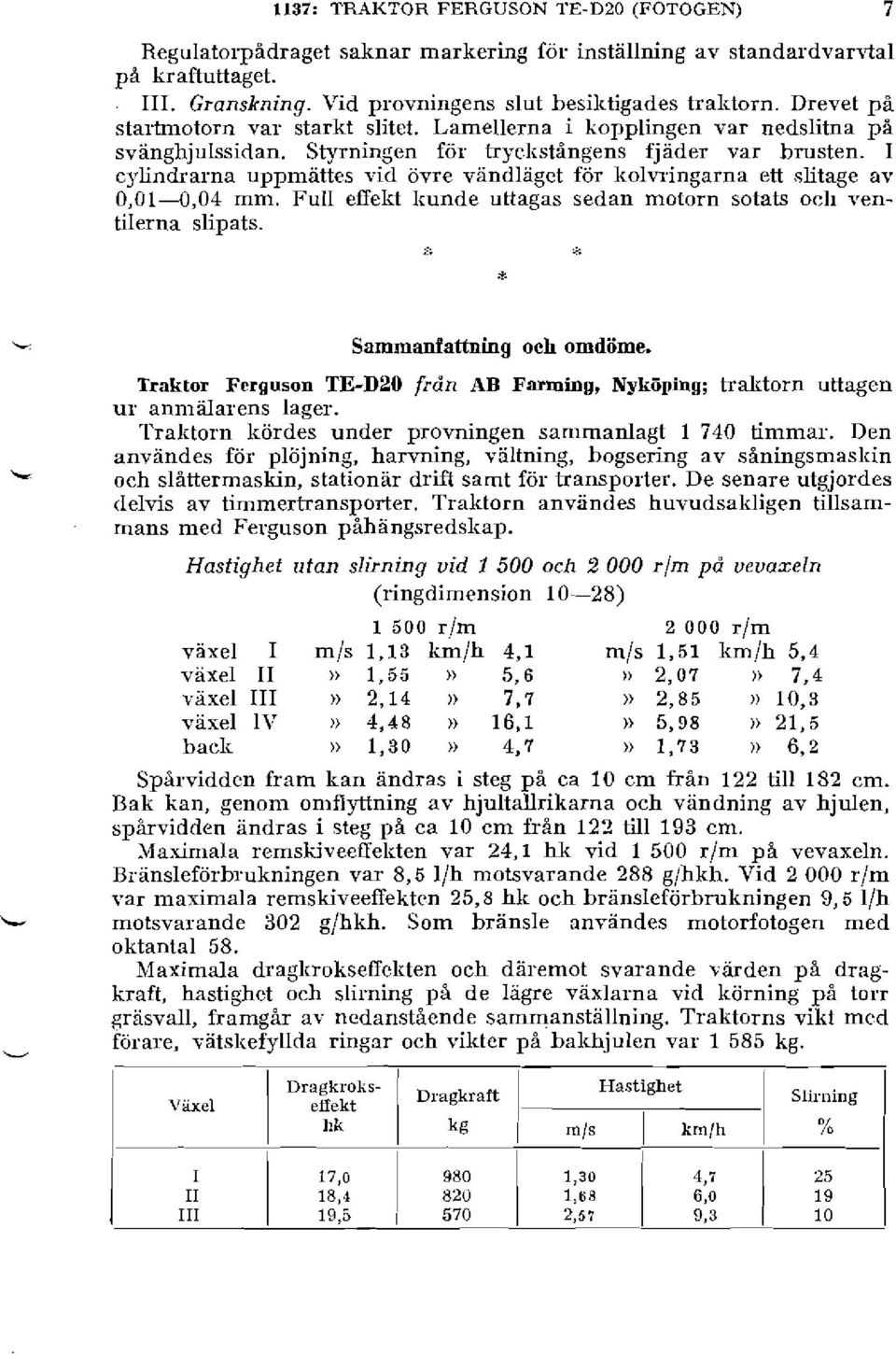 I cylindrarna uppmättes vid övre vandlagct för kolvringarna ett slitage av 0,01-0,04 mm. Full effekt kunde uttagas sedan motorn sotats ocli ventilerna slipats.,. *. k L u Sammanfattning och omdöme.