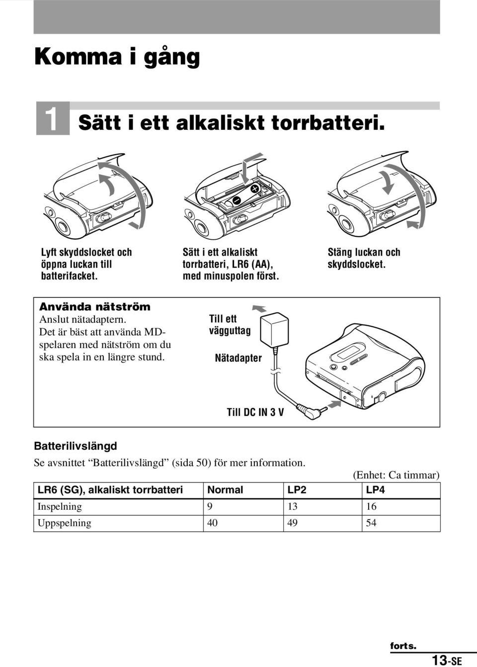 Det är bäst att använda MDspelaren med nätström om du ska spela in en längre stund.