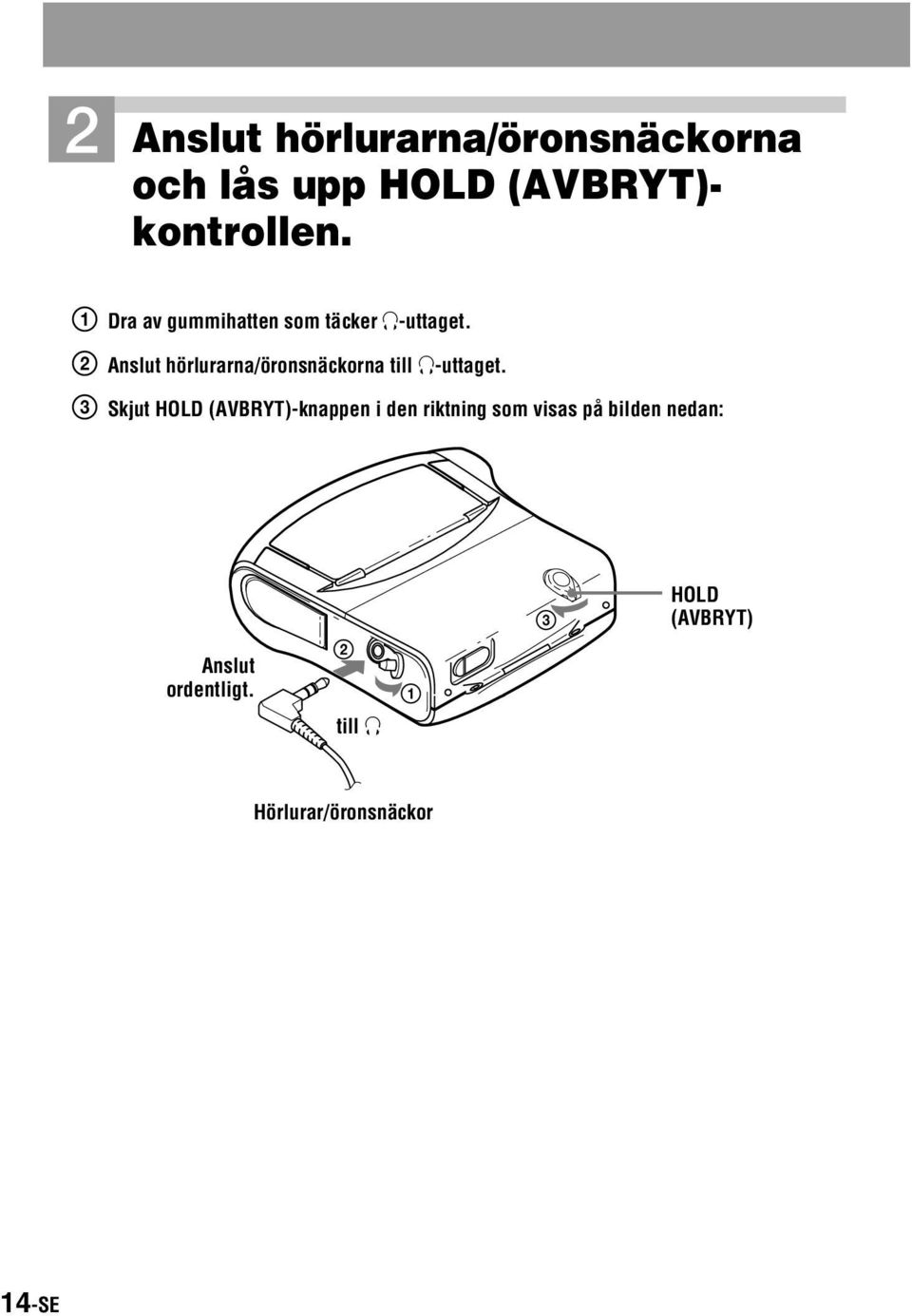 2 Anslut hörlurarna/öronsnäckorna till i-uttaget.