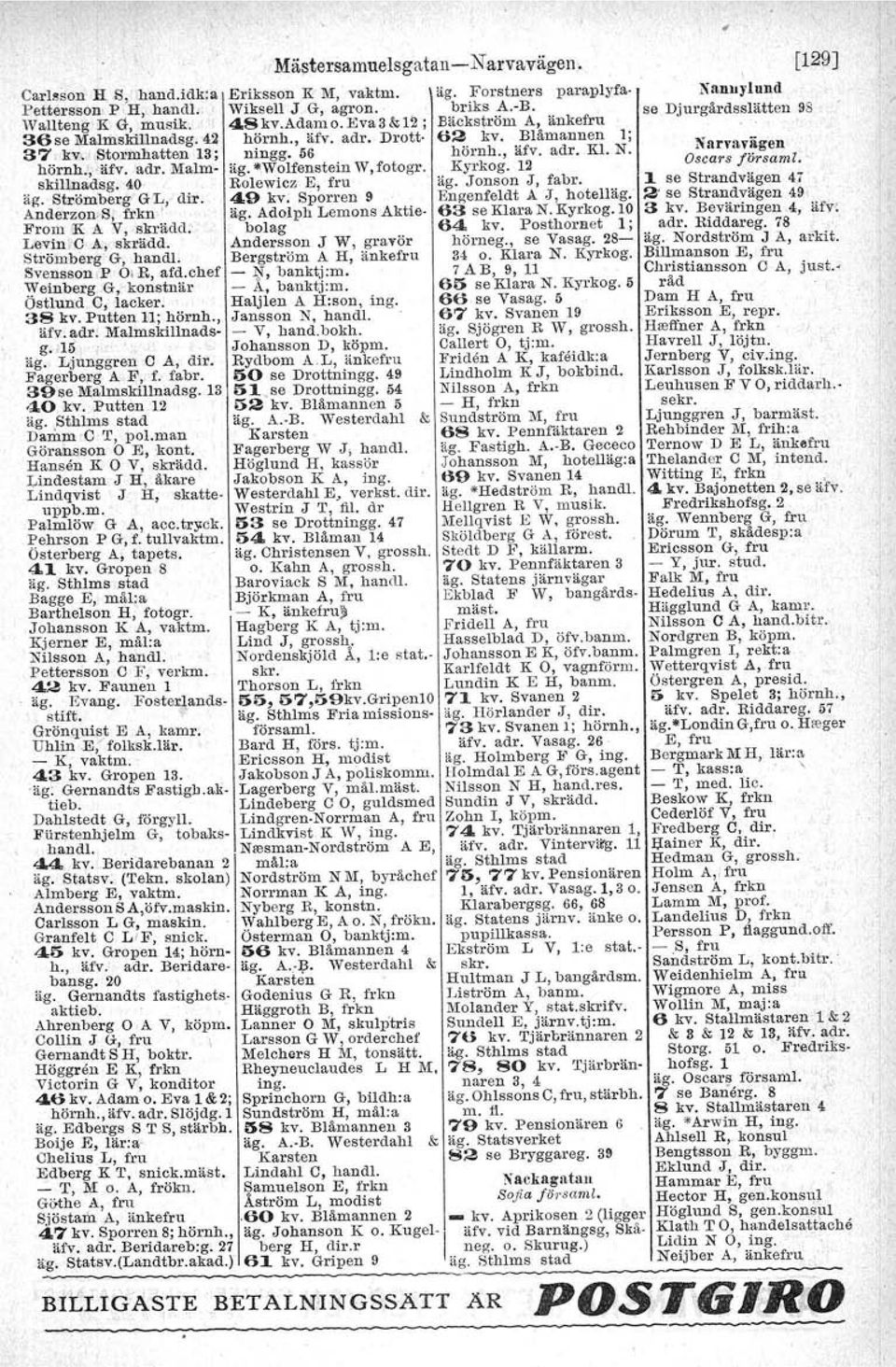 Wolfenstein W, fotogr. Kyrkog. 12 skillnadsg. 40 Rolewicz E, fru äg. Jonson J, fabr. äg. Strömberg GL, dir. 49 kv. Sporren 9 Engenfeldt A J, hotelläg. Anderzon.S, frkn I. äg. Adolph Lemons Aktie- 63 se Klara N.