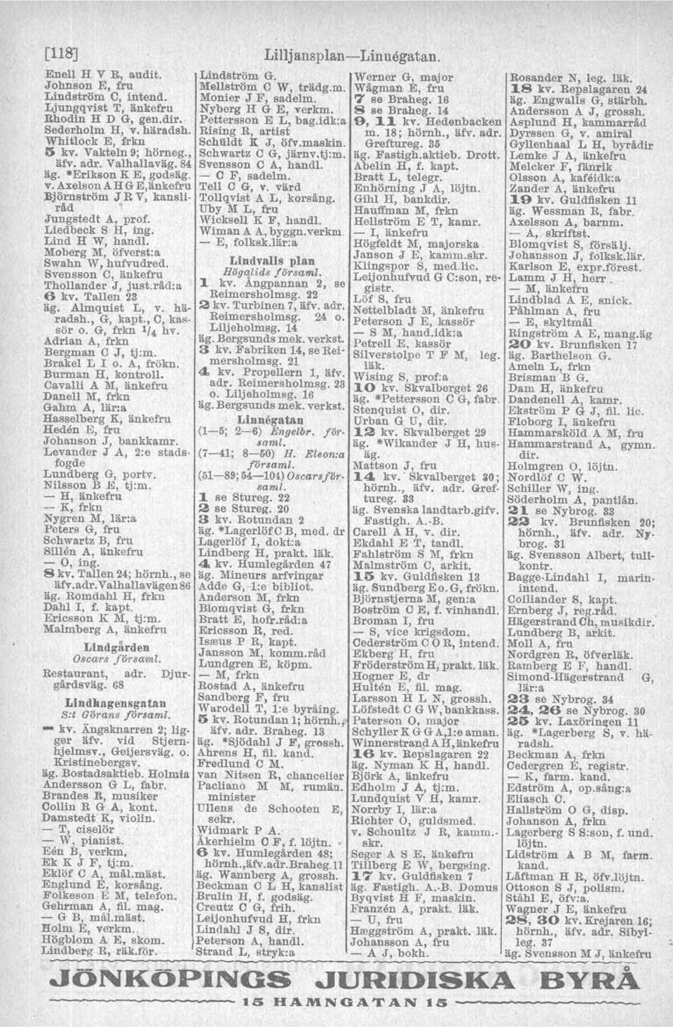 84 Svensson C A, hand!. äg. -Erikson K E, godsäg. - C F, sadelm. v. Axelson AH G E,änkefru Tell C G, v, värd :Björnström J R V, kanaltråd Uby M L, fru Tollqvist A L, korsäng. Jungstedt A, prof.