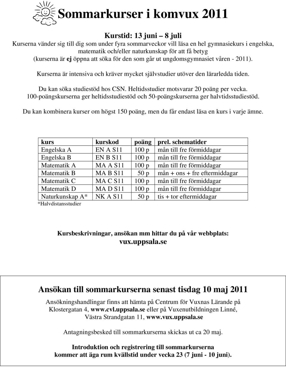 Heltidsstudier motsvarar 20 poäng per vecka. 100-poängskurserna ger heltidsstudiestöd och 50-poängskurserna ger halvtidsstudiestöd.