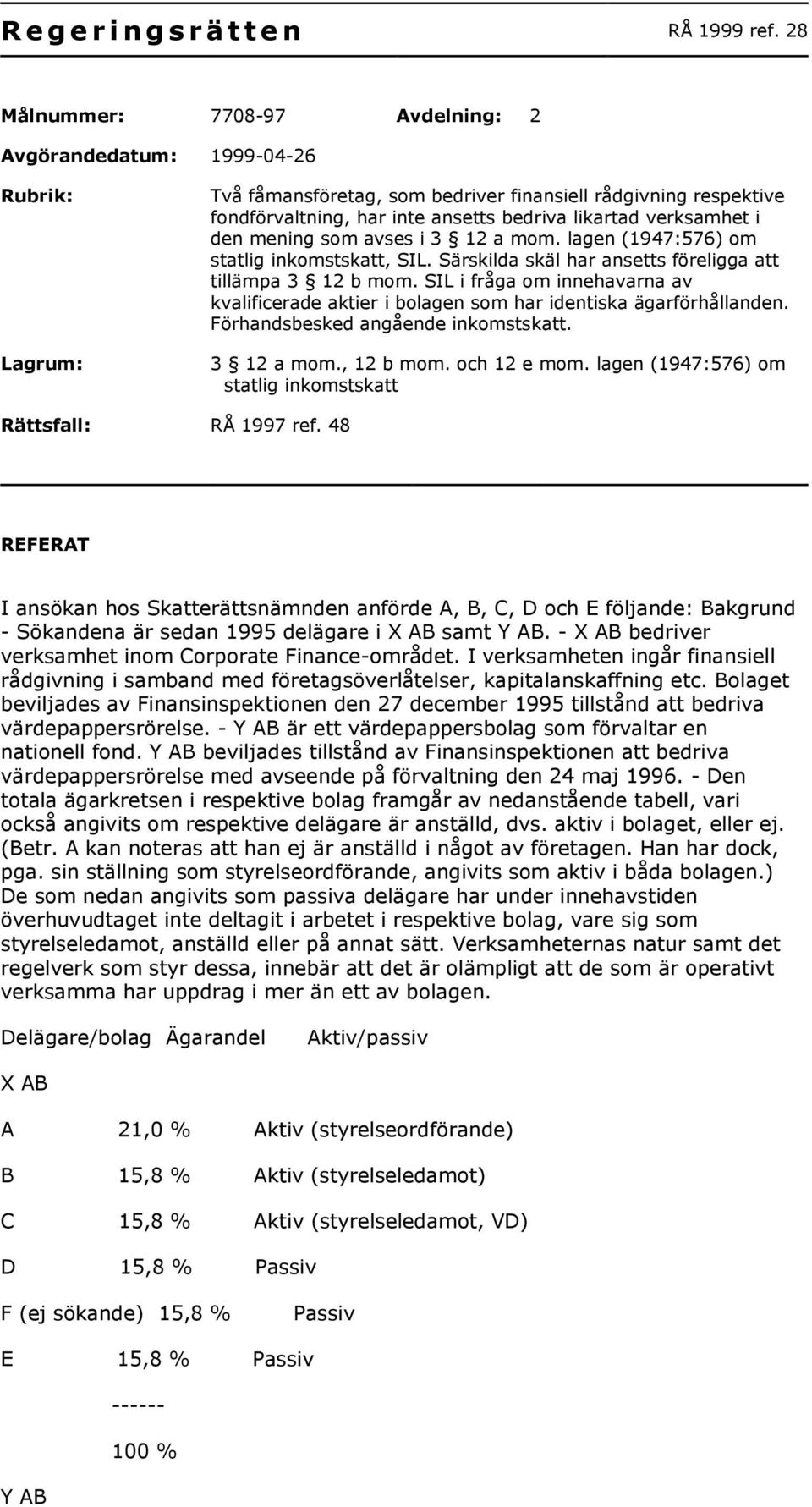 verksamhet i den mening som avses i 3 12 a mom. lagen (1947:576) om statlig inkomstskatt, SIL. Särskilda skäl har ansetts föreligga att tillämpa 3 12 b mom.