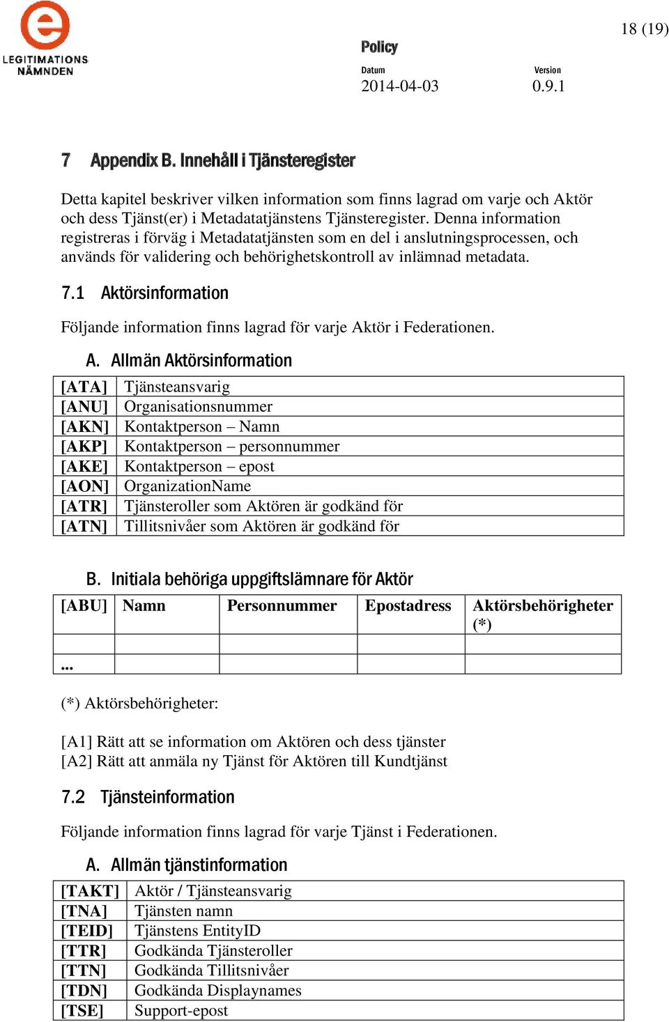 1 Aktörsinformation Följande information finns lagrad för varje Aktör i Federationen. A. Allmän Aktörsinformation [ATA] Tjänsteansvarig [ANU] Organisationsnummer [AKN] Kontaktperson Namn [AKP]