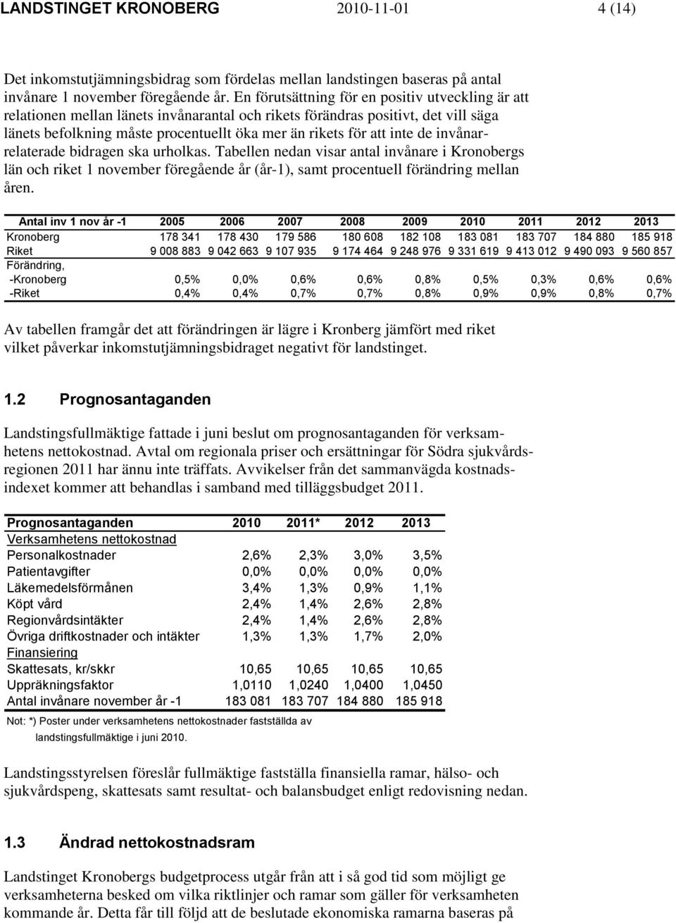 inte de invånarrelaterade bidragen ska urholkas. Tabellen nedan visar antal invånare i Kronobergs län och riket 1 november föregående år (år-1), samt procentuell förändring mellan åren.