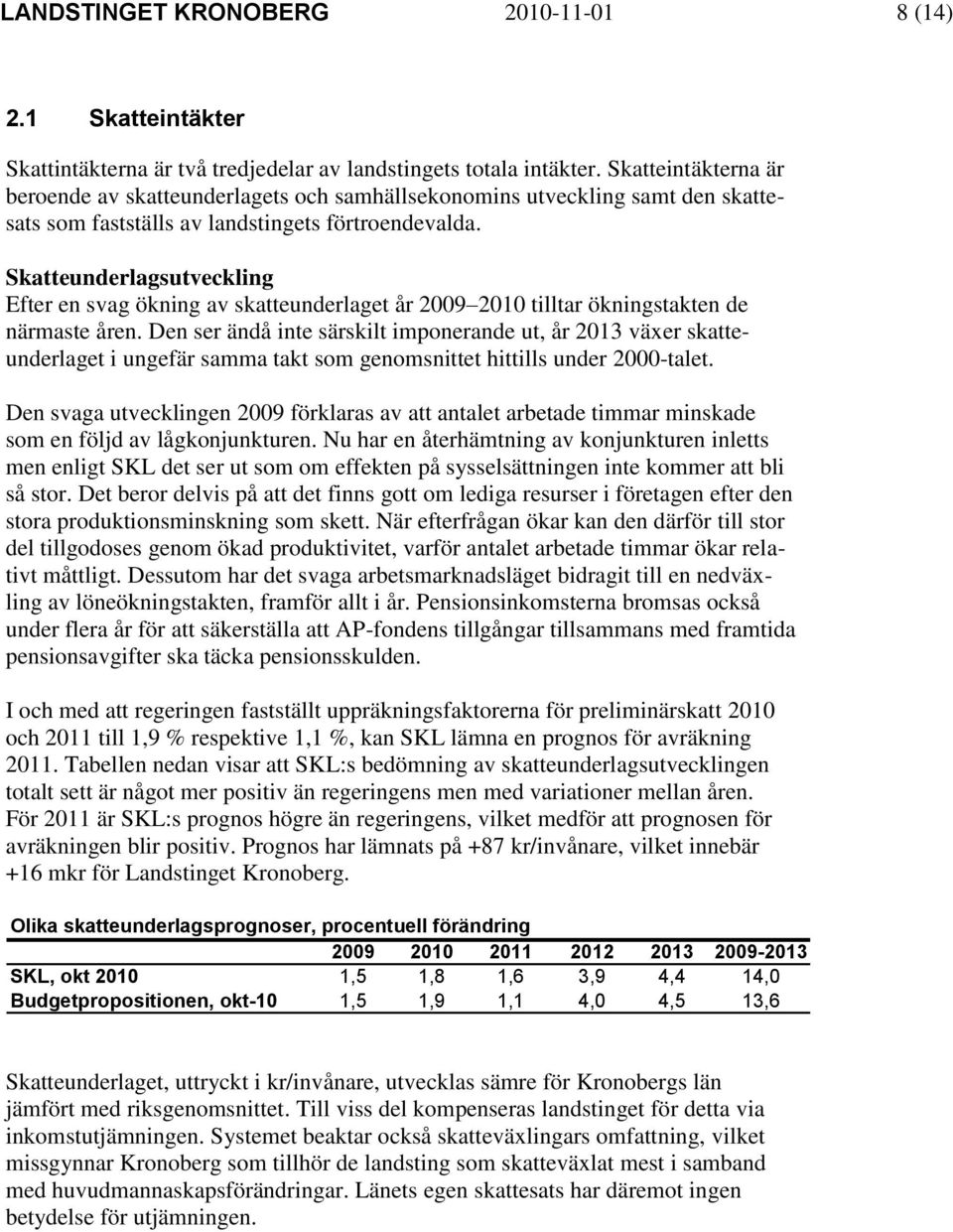 Skatteunderlagsutveckling Efter en svag ökning av skatteunderlaget år 2009 2010 tilltar ökningstakten de närmaste åren.