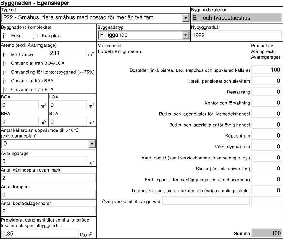 Avarmgarage) i 233 BOA BRA Mätt värde Omvandlat från BOA/LOA Omvandling för kontorsbyggnad (>=75%) Omvandlat från BRA Omvandlat från BTA LOA BTA Antal källarplan uppvärmda till >1 C (exkl.