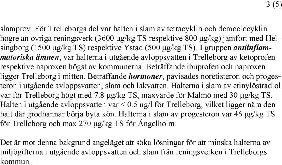 μg/kg TS). I gruppen antiinflammatoriska ämnen, var halterna i utgående avloppsvatten i Trelleborg av ketoprofen respektive naproxen högst av kommunerna.