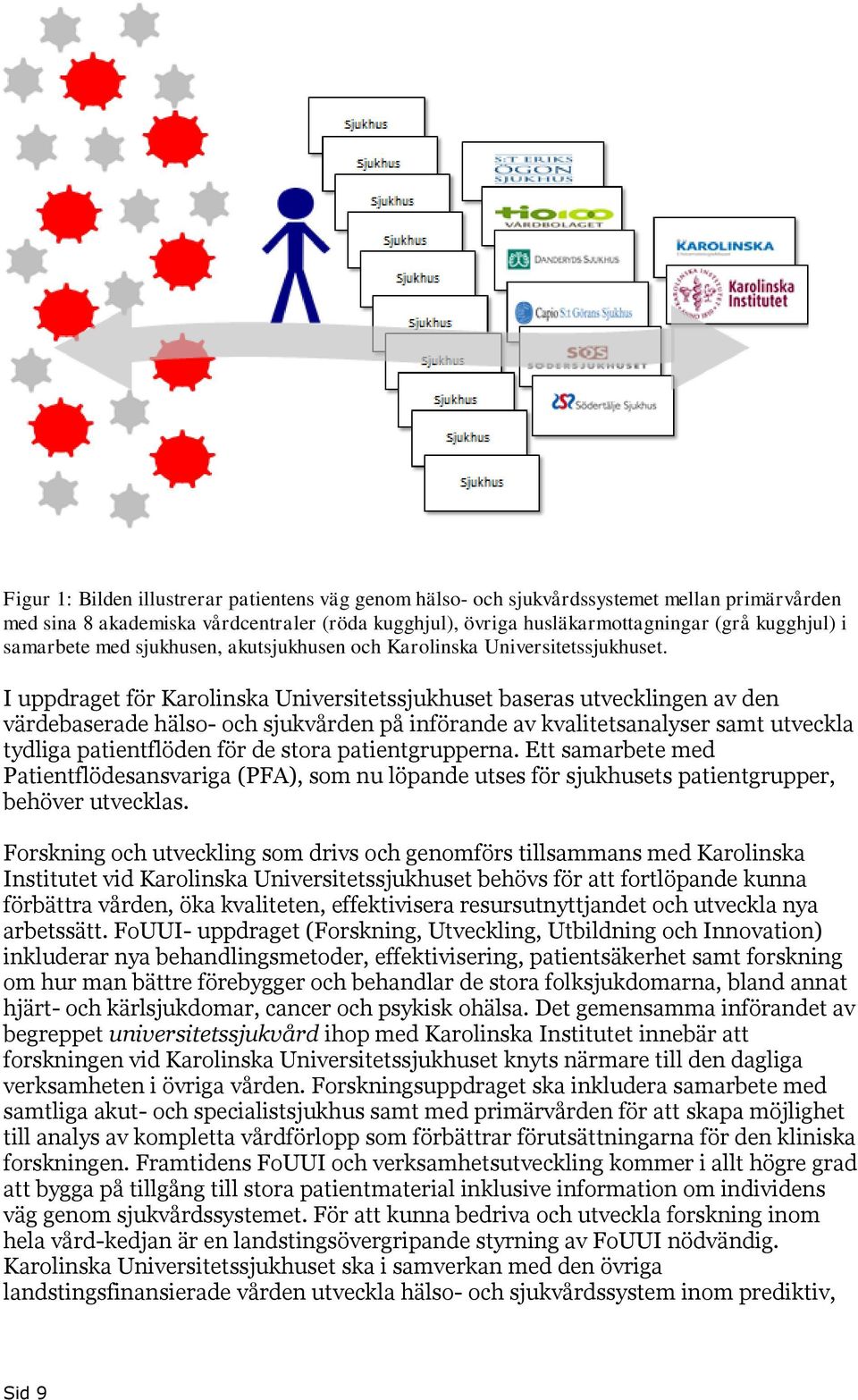 I uppdraget för Karolinska Universitetssjukhuset baseras utvecklingen av den värdebaserade hälso- och sjukvården på införande av kvalitetsanalyser samt utveckla tydliga patientflöden för de stora
