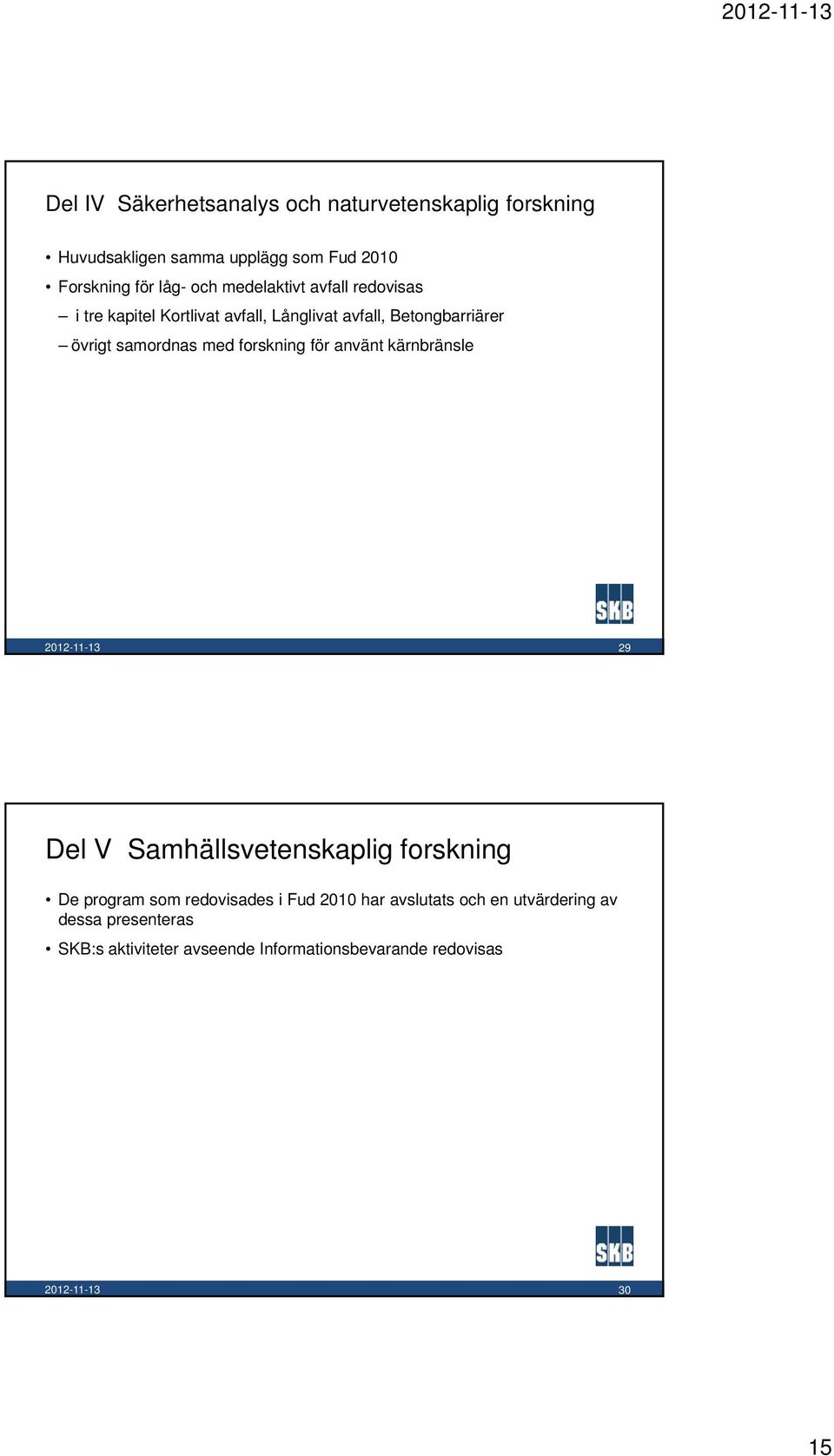 med forskning för använt kärnbränsle 29 Del V Samhällsvetenskaplig forskning De program som redovisades i Fud 2010