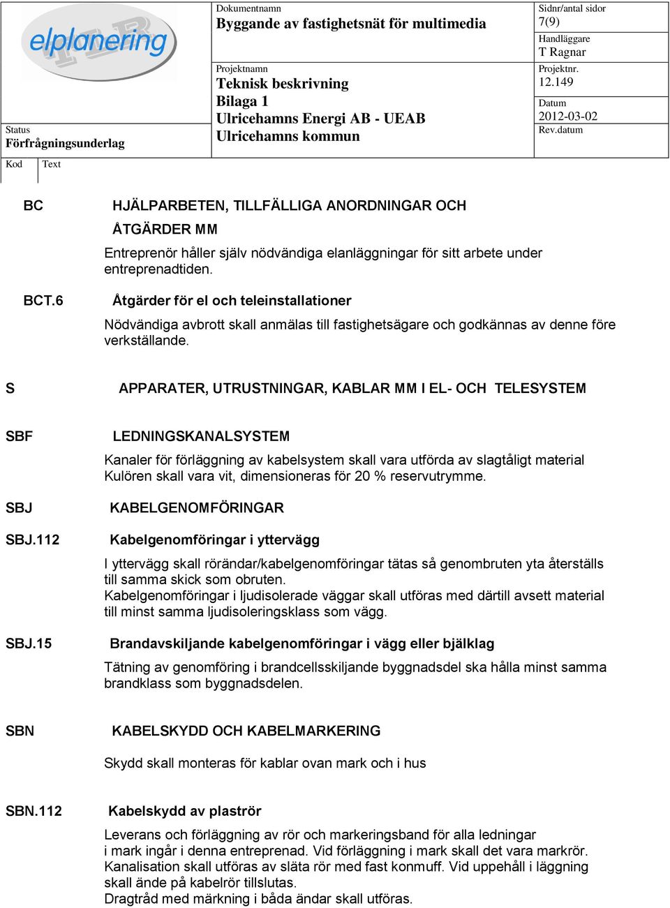 S APPARATER, UTRUSTNINGAR, KABLAR MM I EL- OCH TELESYSTEM SBF SBJ SBJ.112 SBJ.