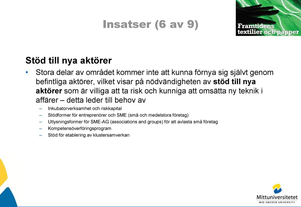 leder till behov av Inkubatorverksamhet och riskkapital Stödformer för entreprenörer och SME (små och medelstora företag)