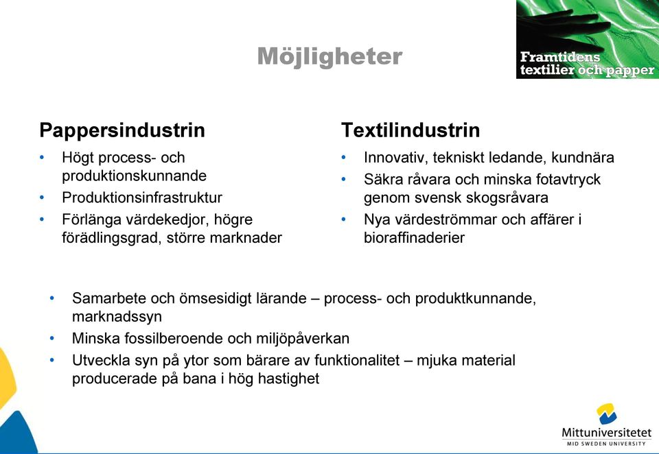 svensk skogsråvara Nya värdeströmmar och affärer i bioraffinaderier Samarbete och ömsesidigt lärande process- och produktkunnande,
