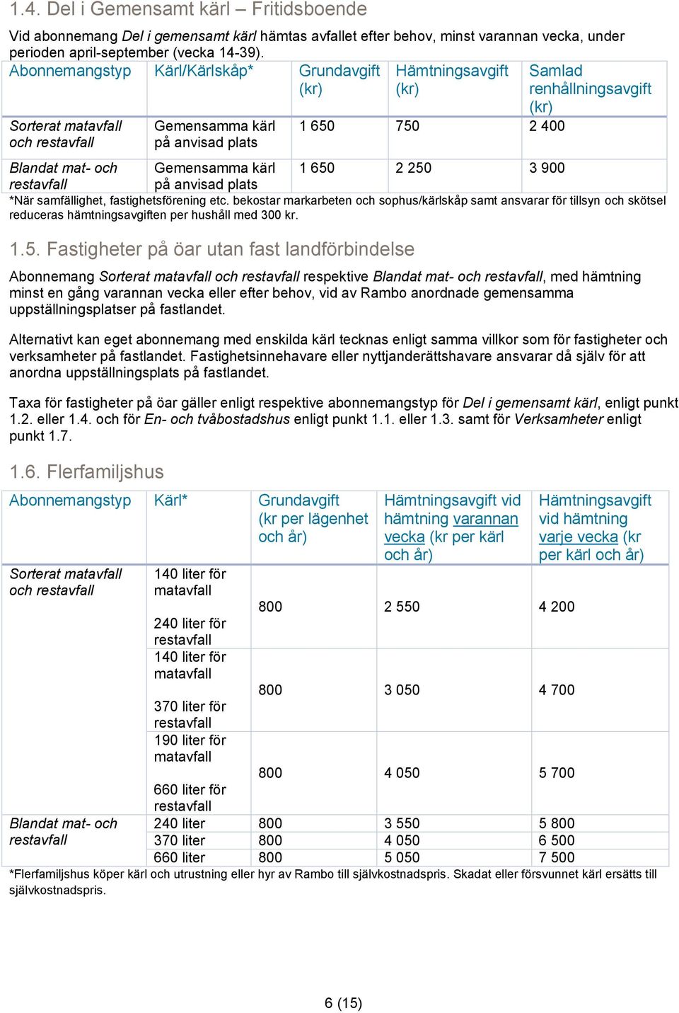 250 3 900 på anvisad plats *När samfällighet, fastighetsförening etc. bekostar markarbeten och sophus/kärlskåp samt ansvarar för tillsyn och skötsel reduceras hämtningsavgiften per hushåll med 300 kr.