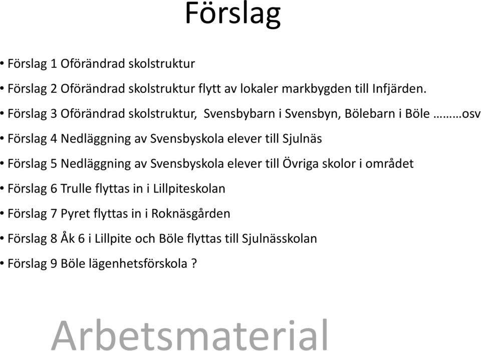 Sjulnäs Förslag 5 Nedläggning av Svensbyskola elever till Övriga skolor i området Förslag 6 Trulle flyttas in i Lillpiteskolan