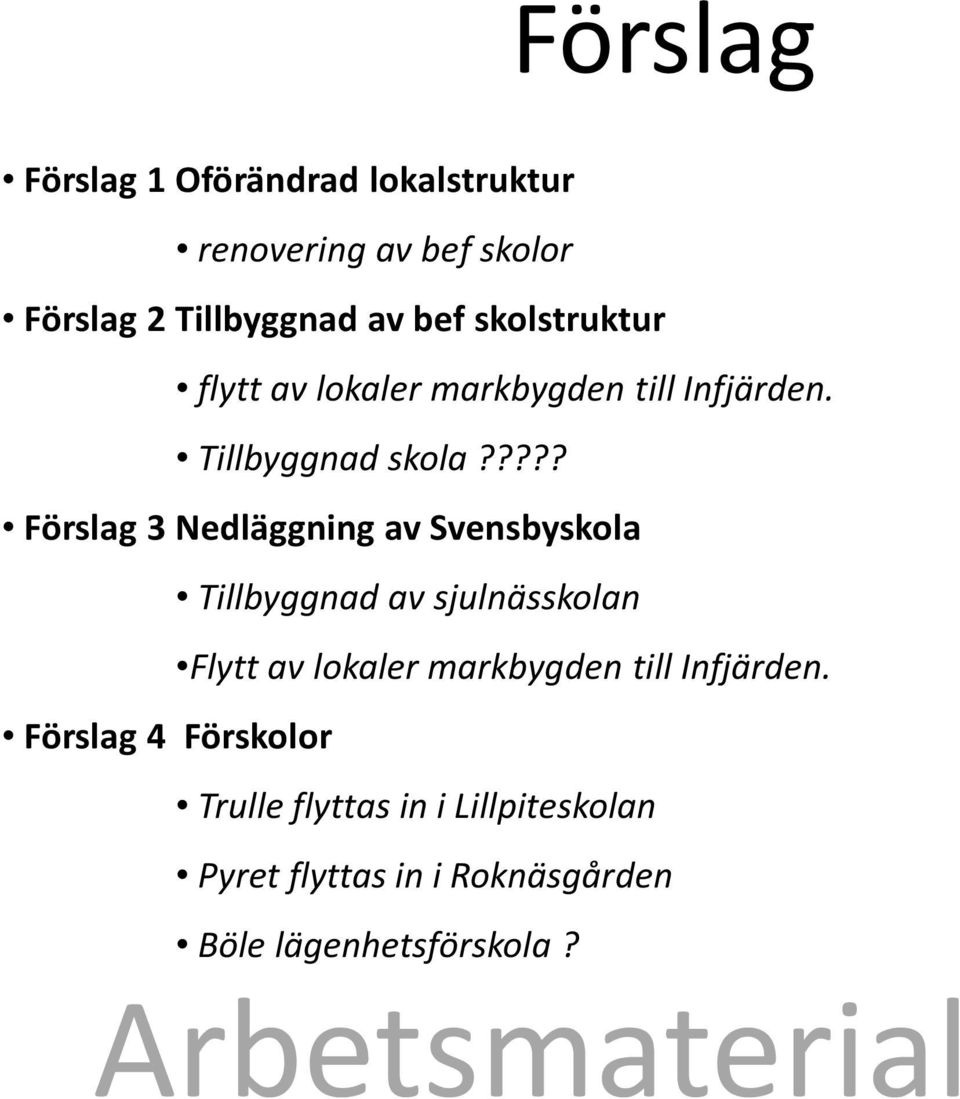 ???? Förslag 3 Nedläggning av Svensbyskola Tillbyggnad av sjulnässkolan Flytt av lokaler markbygden