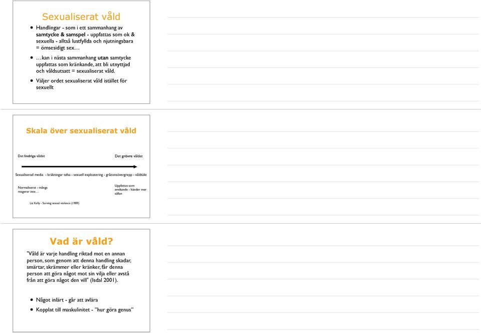 Väljer ordet sexualiserat våld istället för sexuellt Skala över sexualiserat våld Det lindriga våldet Det grövre våldet Sexualiserad media - kräkningar tafsa - sexuell exploatering - gråzonsövergrepp