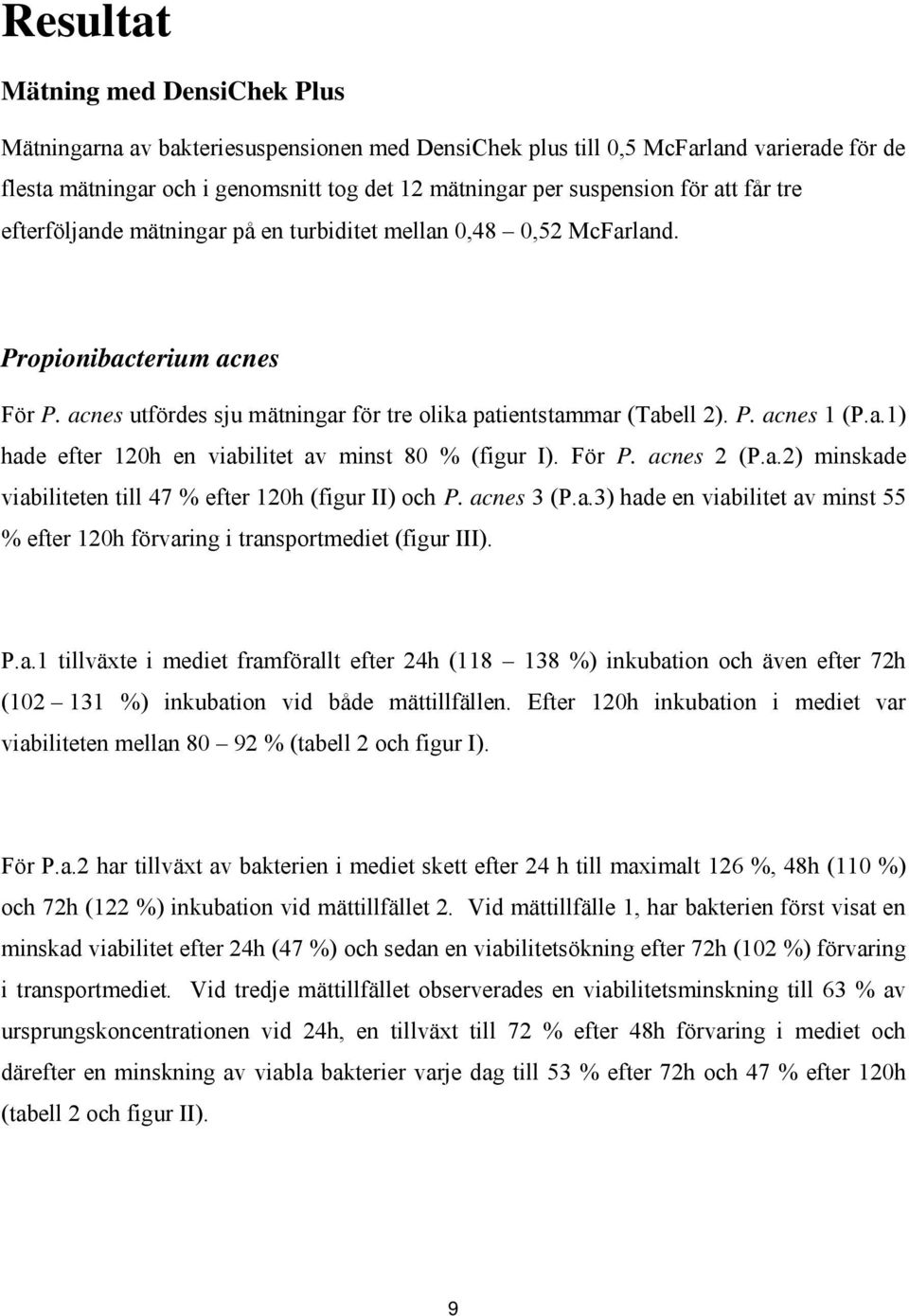 a.1) hade efter 120h en viabilitet av minst 80 % (figur I). För P. acnes 2 (P.a.2) minskade viabiliteten till 47 % efter 120h (figur II) och P. acnes 3 (P.a.3) hade en viabilitet av minst 55 % efter 120h förvaring i transportmediet (figur III).