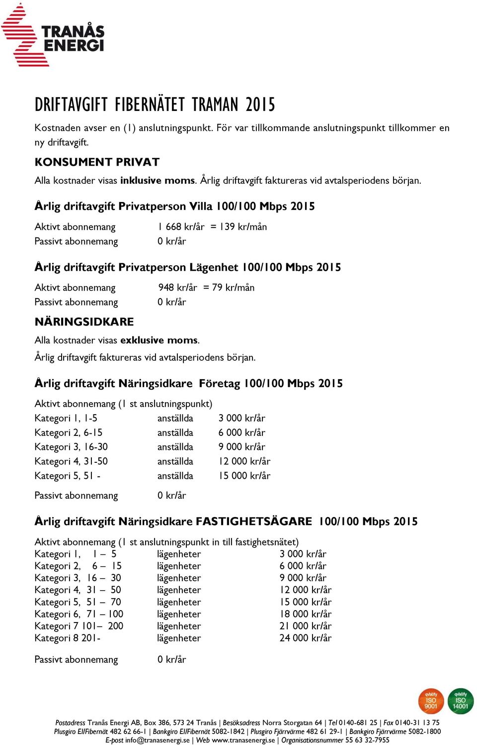 Årlig driftavgift Privatperson Villa 100/100 Mbps 2015 Aktivt abonnemang Passivt abonnemang 1 668 kr/år = 139 kr/mån 0 kr/år Årlig driftavgift Privatperson Lägenhet 100/100 Mbps 2015 Aktivt