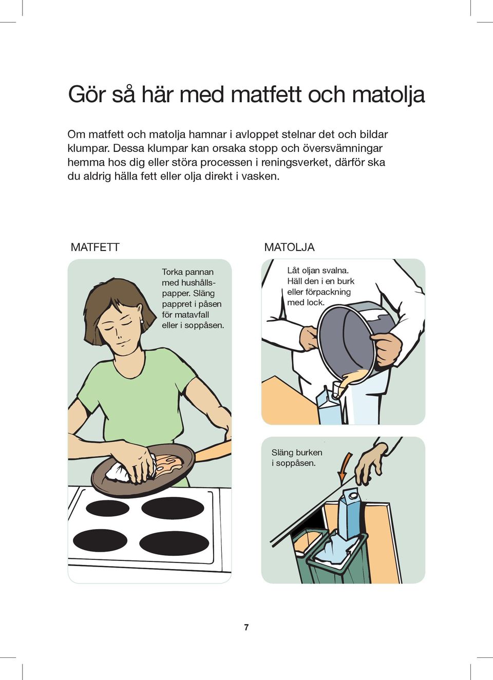 aldrig hälla fett eller olja direkt i vasken. Matfett Matolja Torka pannan med hushållspapper.
