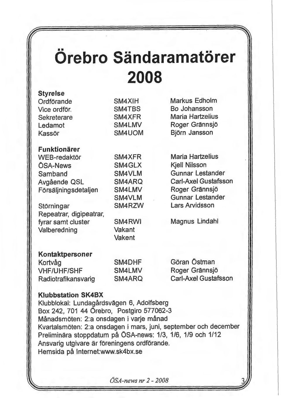 Forsaljningsdetaljen Storningar Repeatrar, digipeatrar, fyrar samt cluster Valberedning Kontaktpersoner Kortvag VHF/UHF/SHF Radiotrafikansvarig SM4XFR SM4GLX SM4VLM SM4ARQ SM4LMV SM4VLM SM4RZW SM4RWI