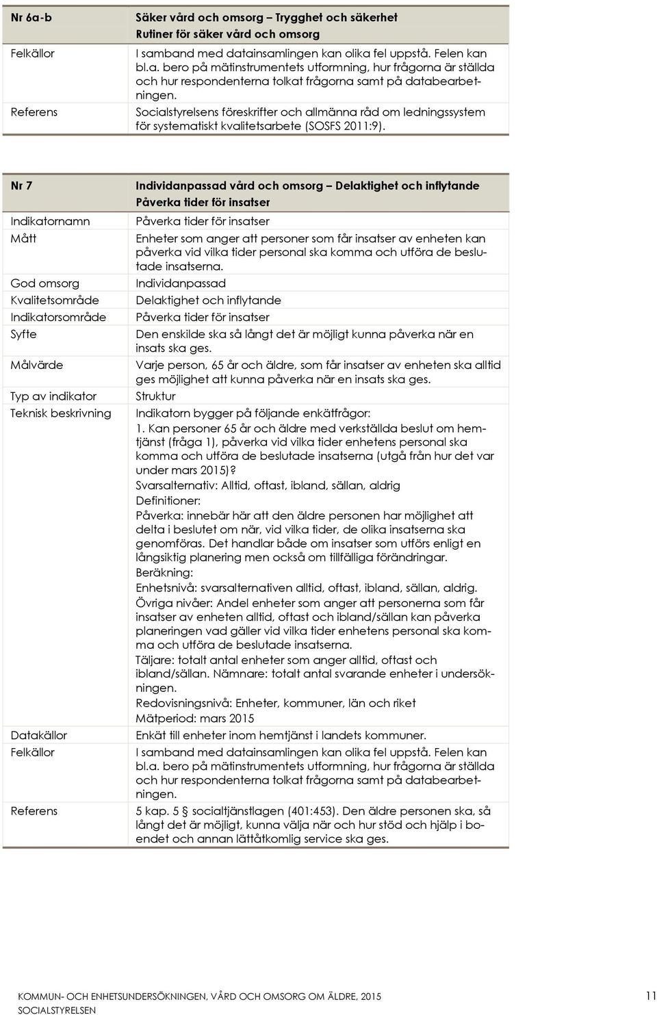 Nr 7 Indikatornamn Mått God omsorg Kvalitetsområde Indikatorsområde Syfte Målvärde Typ av indikator Teknisk beskrivning Datakällor Felkällor Referens Individanpassad vård och omsorg Delaktighet och