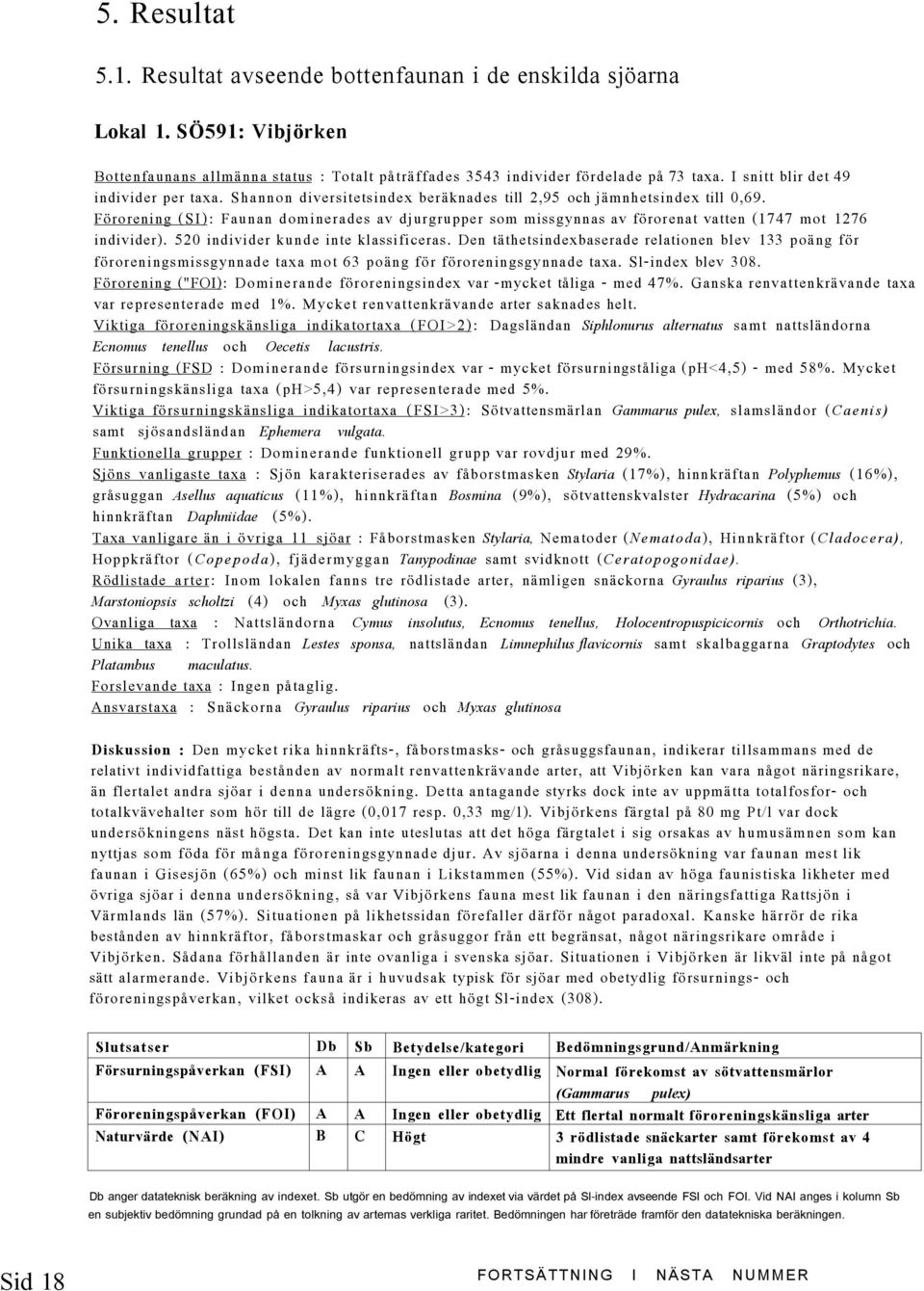 Förorening (SI): Faunan dominerades av djurgrupper som missgynnas av förorenat vatten (1747 mot 1276 individer). 520 individer kunde inte klassificeras.