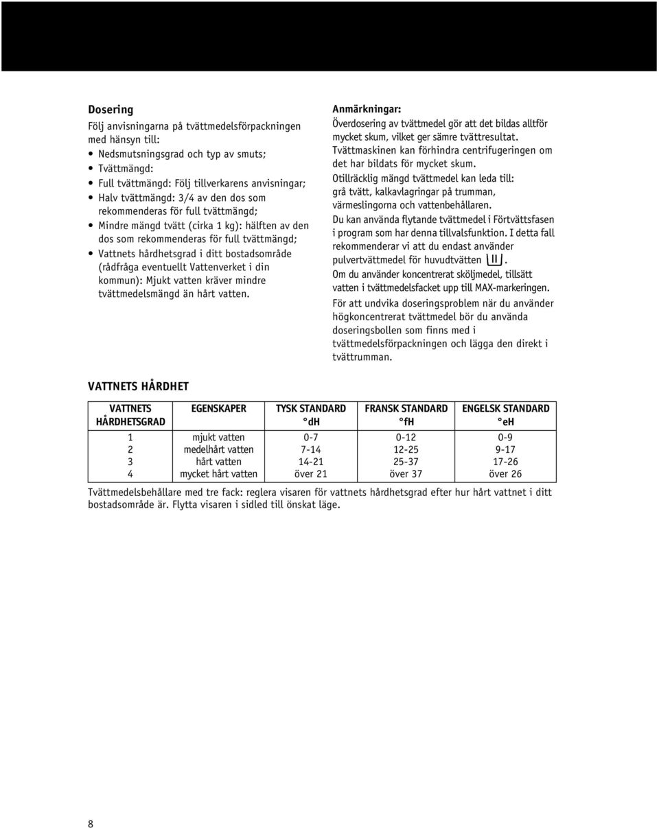 Vattenverket i din kommun): Mjukt vatten kräver mindre tvättmedelsmängd än hårt vatten. Anmärkningar: Överdosering av tvättmedel gör att det bildas alltför mycket skum, vilket ger sämre tvättresultat.