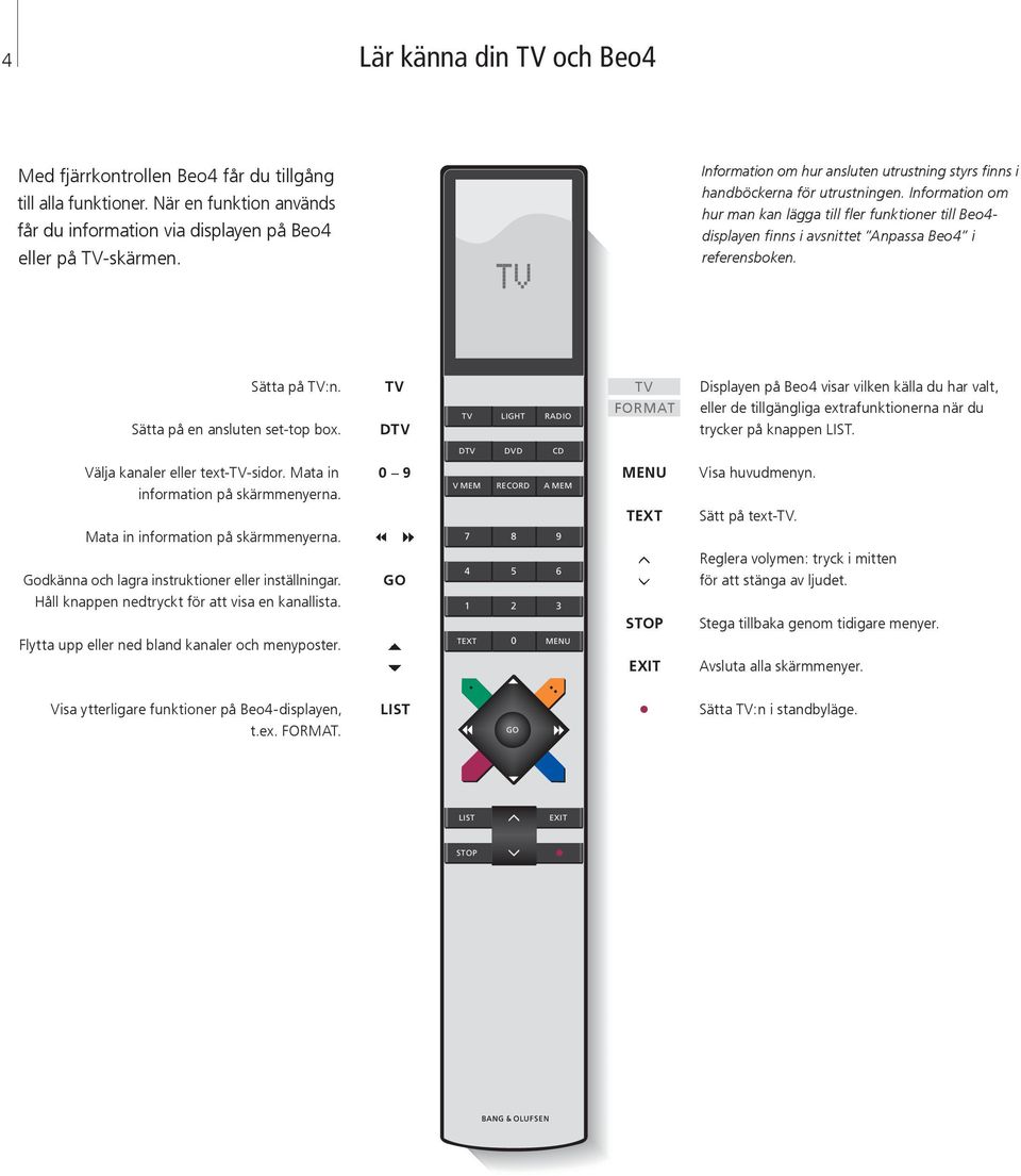 Information om hur man kan lägga till fler funktioner till Beo4- displayen finns i avsnittet Anpassa Beo4 i referensboken. Sätta på TV:n.