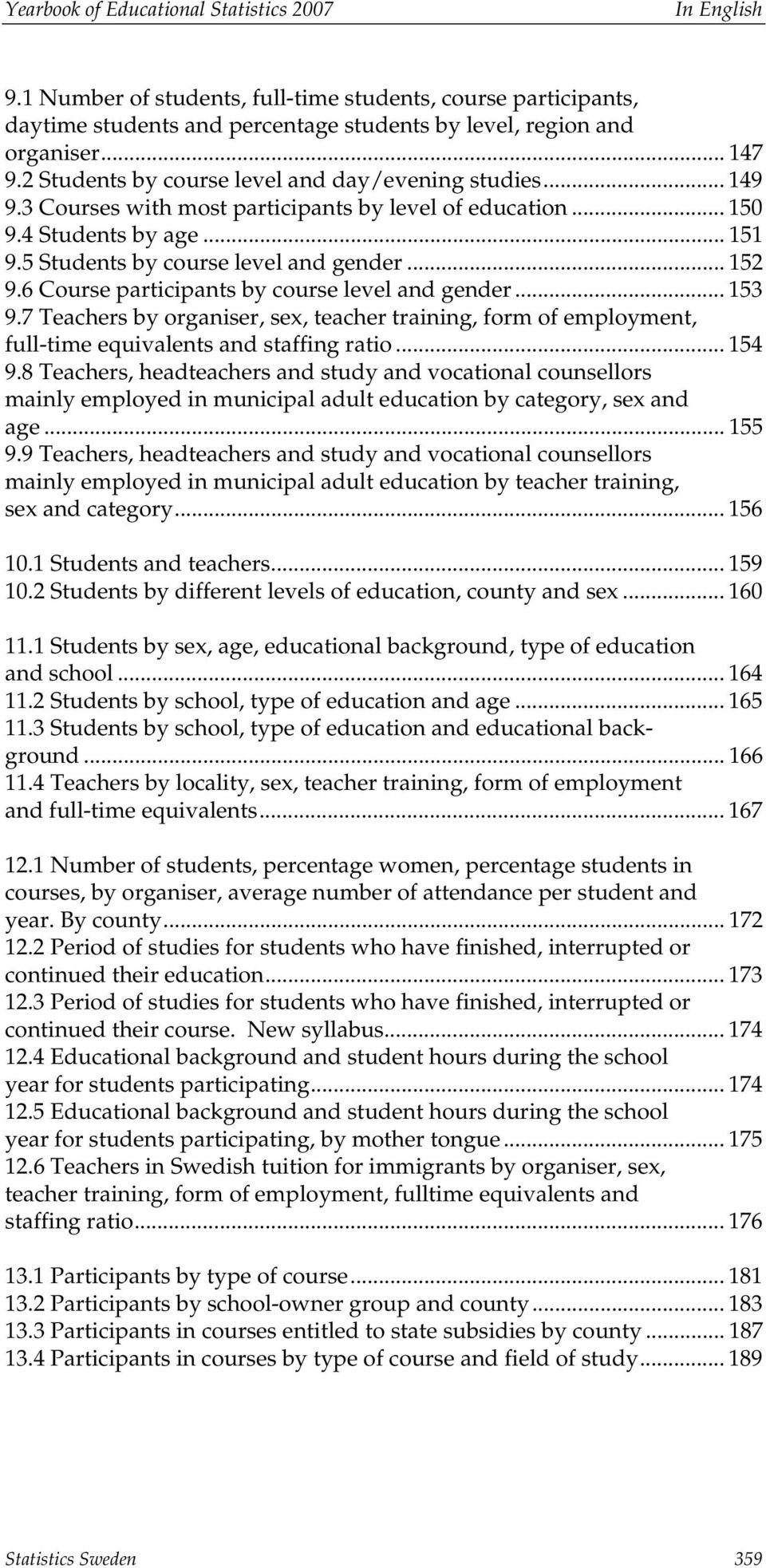 6 Course participants by course level and gender... 153 9.7 Teachers by organiser, sex, teacher training, form of employment, full-time equivalents and staffing ratio... 154 9.