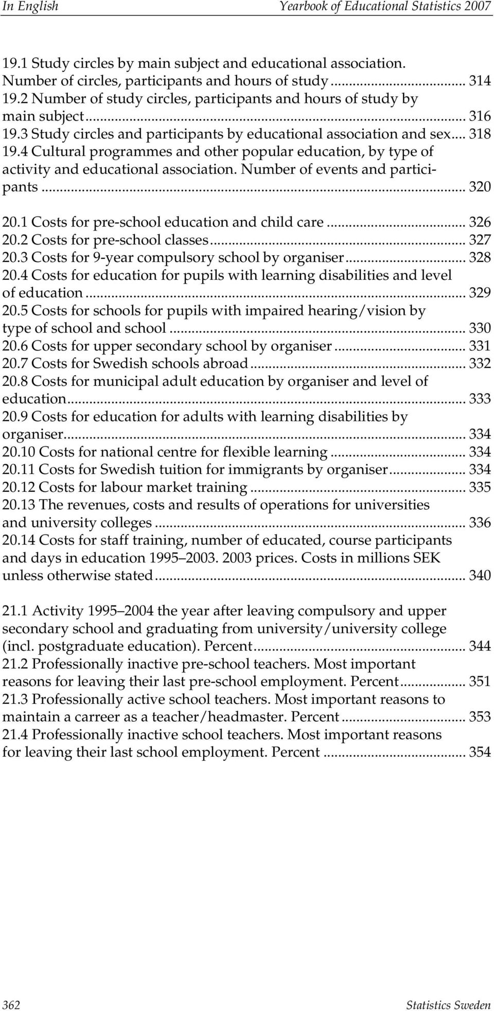 4 Cultural programmes and other popular education, by type of activity and educational association. Number of events and participants... 320 20.1 Costs for pre-school education and child care... 326 20.