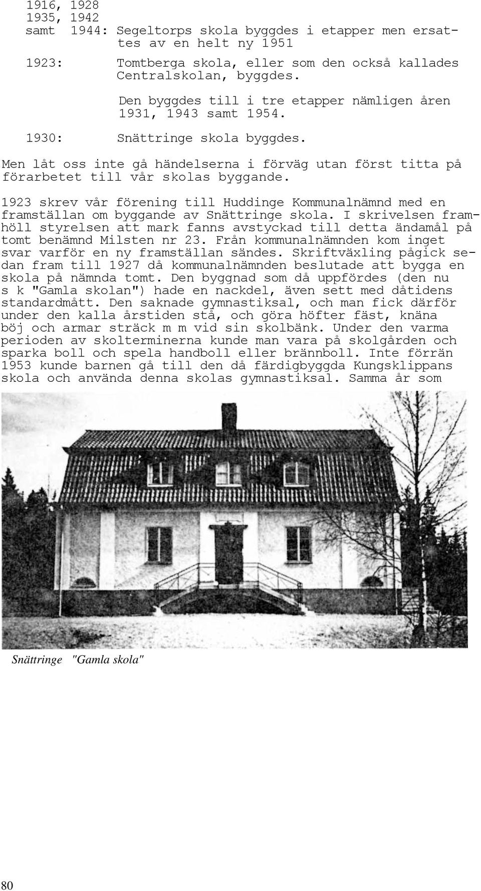 1923 skrev vår förening till Huddinge Kommunalnämnd med en framställan om byggande av Snättringe skola.