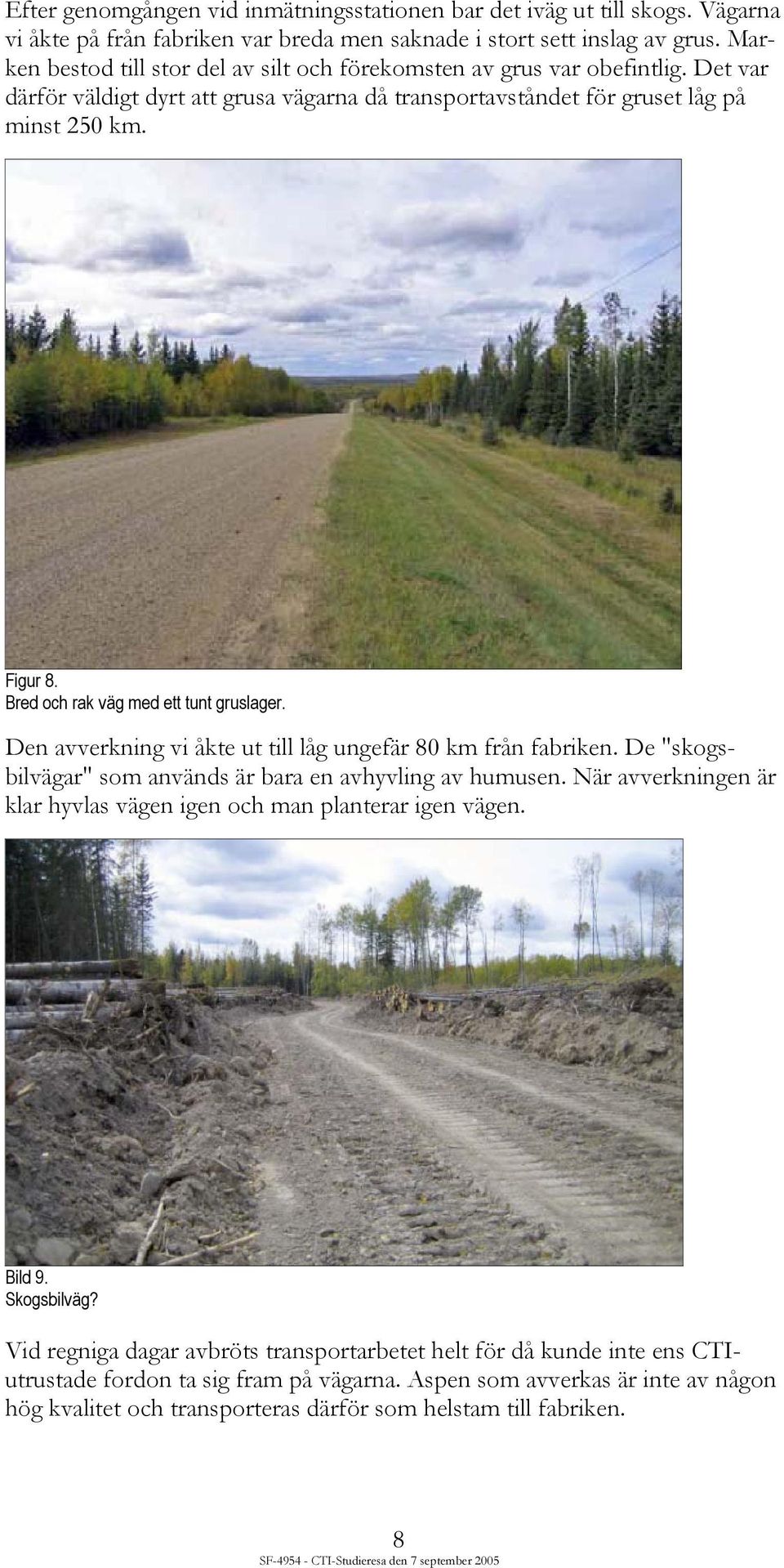 Bred och rak väg med ett tunt gruslager. Den avverkning vi åkte ut till låg ungefär 80 km från fabriken. De "skogsbilvägar" som används är bara en avhyvling av humusen.