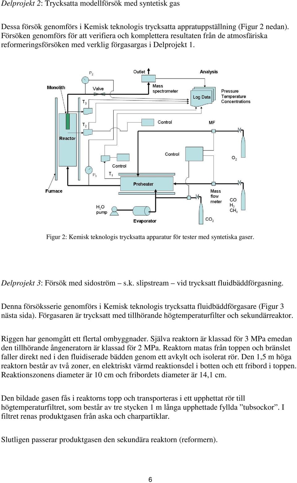 Figur 2: Kemisk teknologis trycksatta apparatur för tester med syntetiska gaser. Delprojekt 3: Försök med sidoström s.k. slipstream vid trycksatt fluidbäddförgasning.