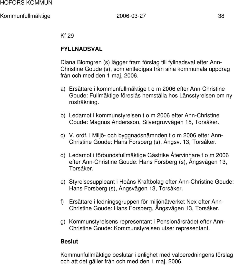 b) Ledamot i kommunstyrelsen t o m 2006 efter Ann-Christine Goude: Magnus Andersson, Silvergruvvägen 15, Torsåker. c) V. ordf.