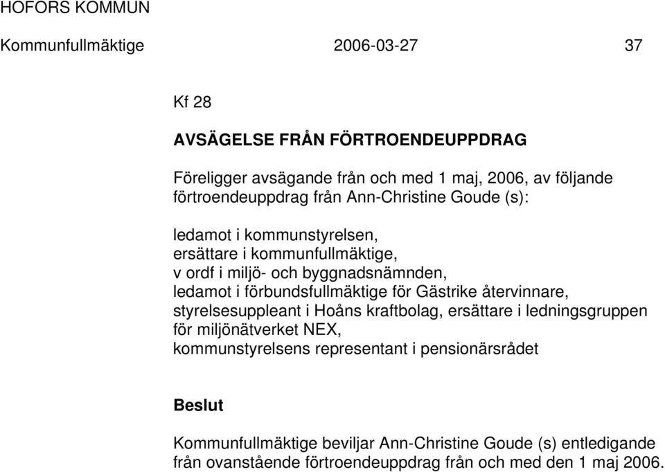 förbundsfullmäktige för Gästrike återvinnare, styrelsesuppleant i Hoåns kraftbolag, ersättare i ledningsgruppen för miljönätverket NEX,