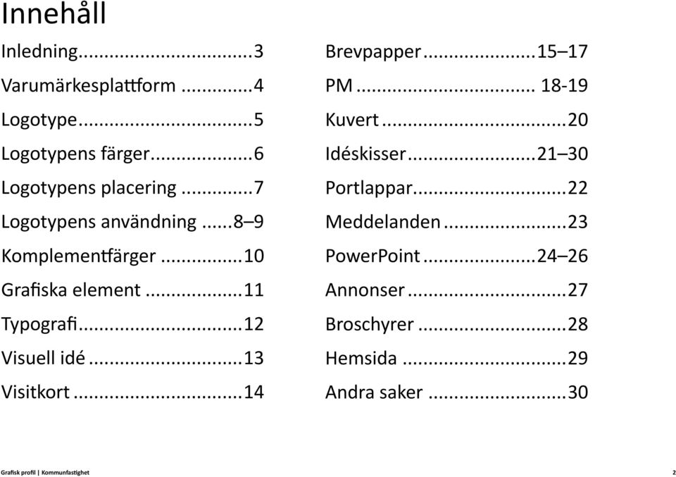 ..13 Visitkort...14 Brevpapper...15 17 PM... 18-19 Kuvert...20 Idéskisser...21 30 Portlappar...22 Meddelanden.