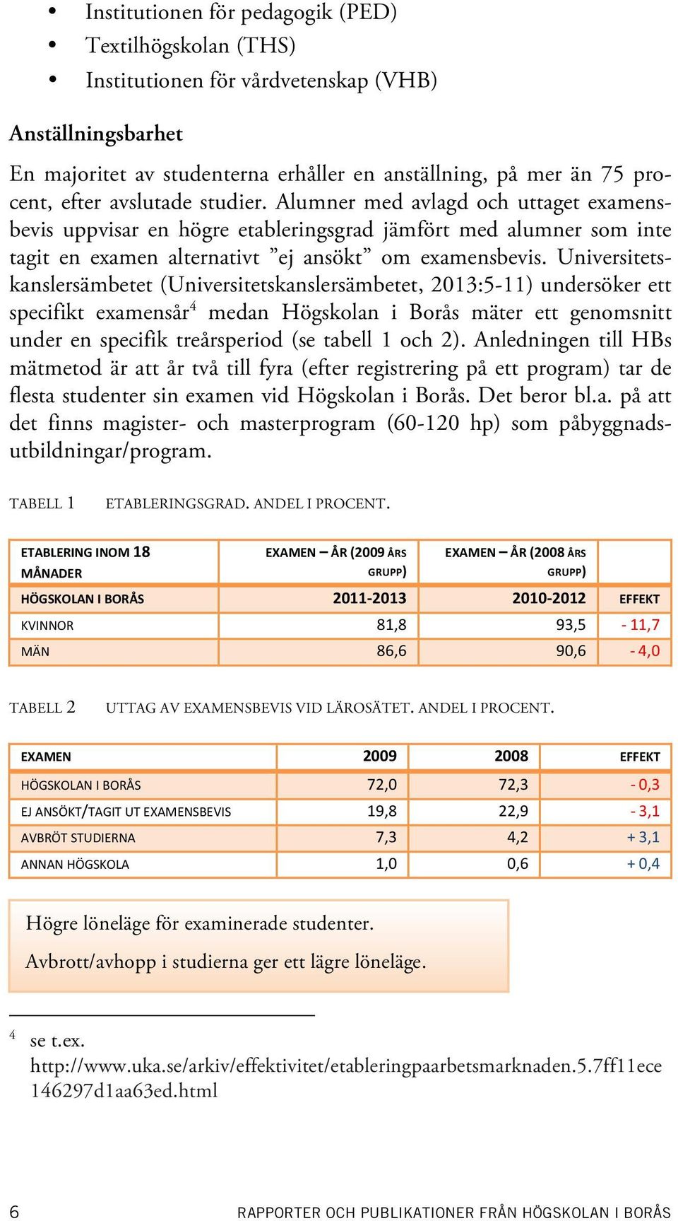Universitetskanslersämbetet (Universitetskanslersämbetet, 2013:5-11) undersöker ett specifikt examensår 4 medan Högskolan i Borås mäter ett genomsnitt under en specifik treårsperiod (se tabell 1 och