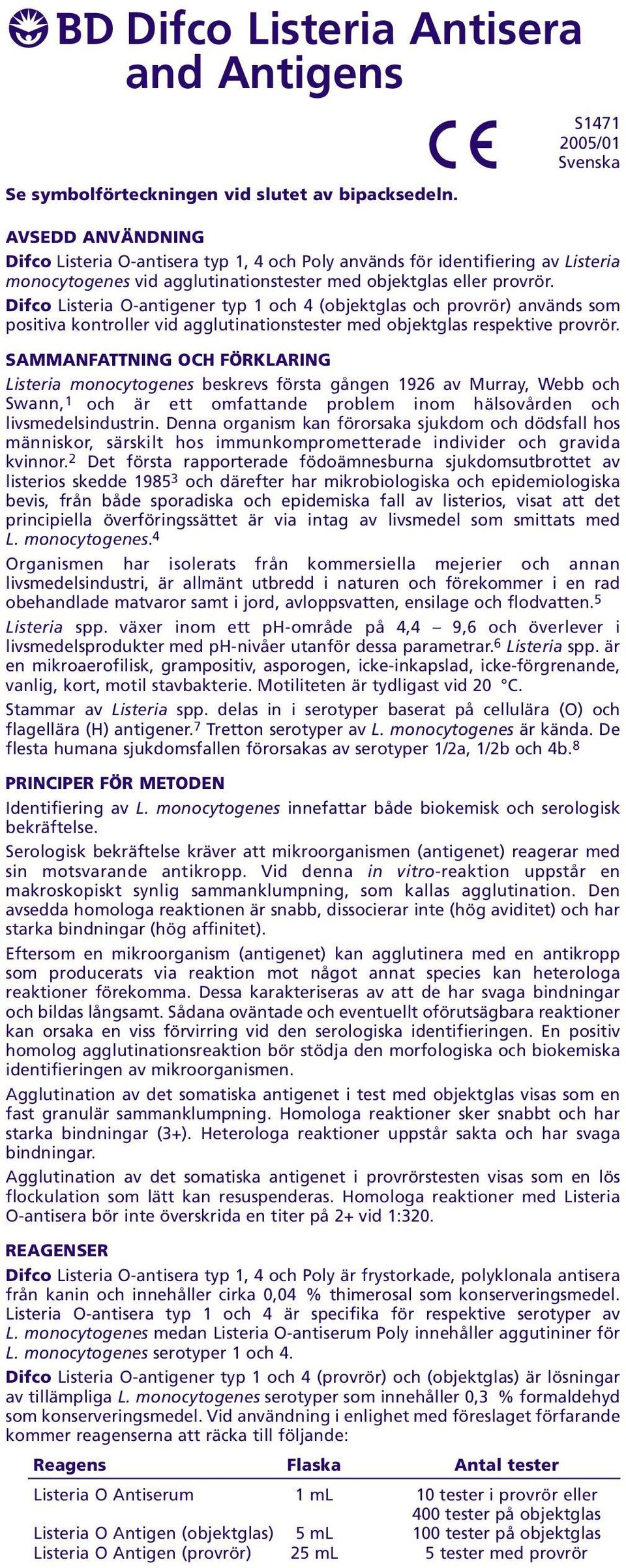 agglutinationstester med objektglas respektive provrör SAMMANFATTNING OCH FÖRKLARING Listeria monocytogenes beskrevs första gången 1926 av Murray, Webb och Swann, 1 och är ett omfattande problem inom