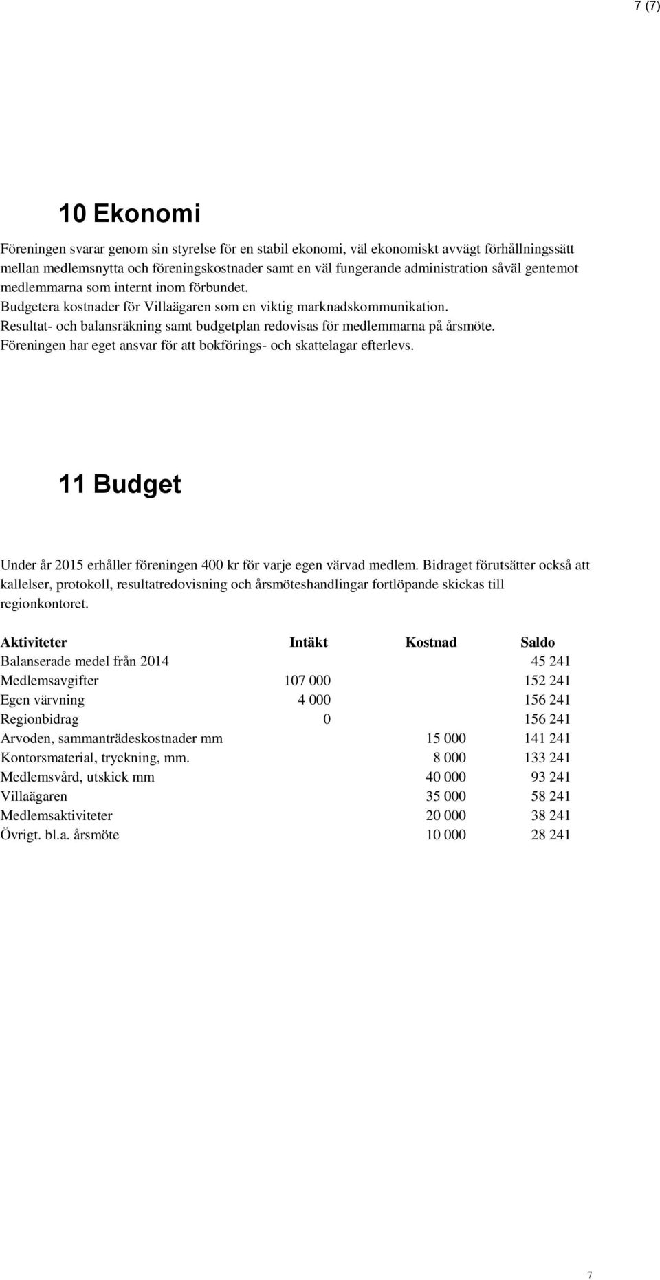 Resultat- och balansräkning samt budgetplan redovisas för medlemmarna på årsmöte. Föreningen har eget ansvar för att bokförings- och skattelagar efterlevs.