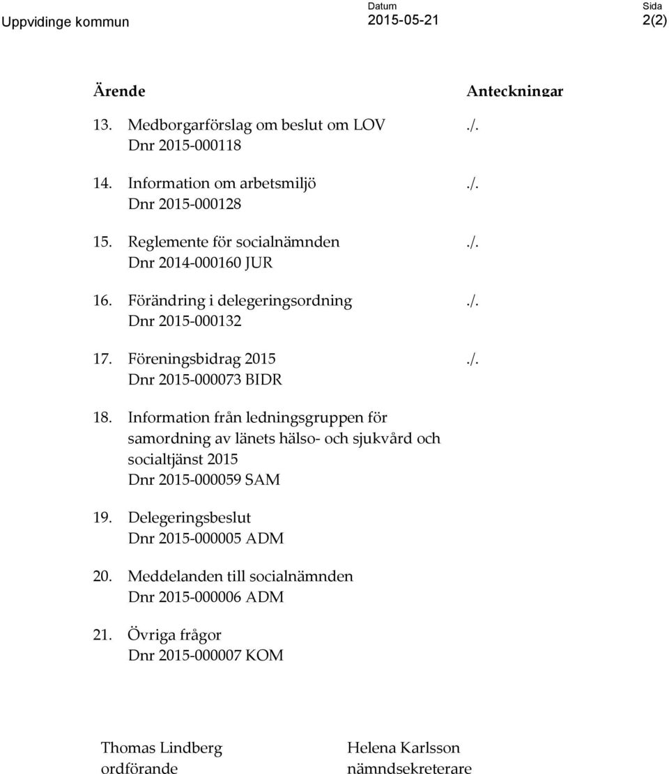 /../../../../. 18. Information från edningsgruppen för samordning av änets häso- och sjukvård och sociatjänst 2015 Dnr 2015-000059 SAM 19.