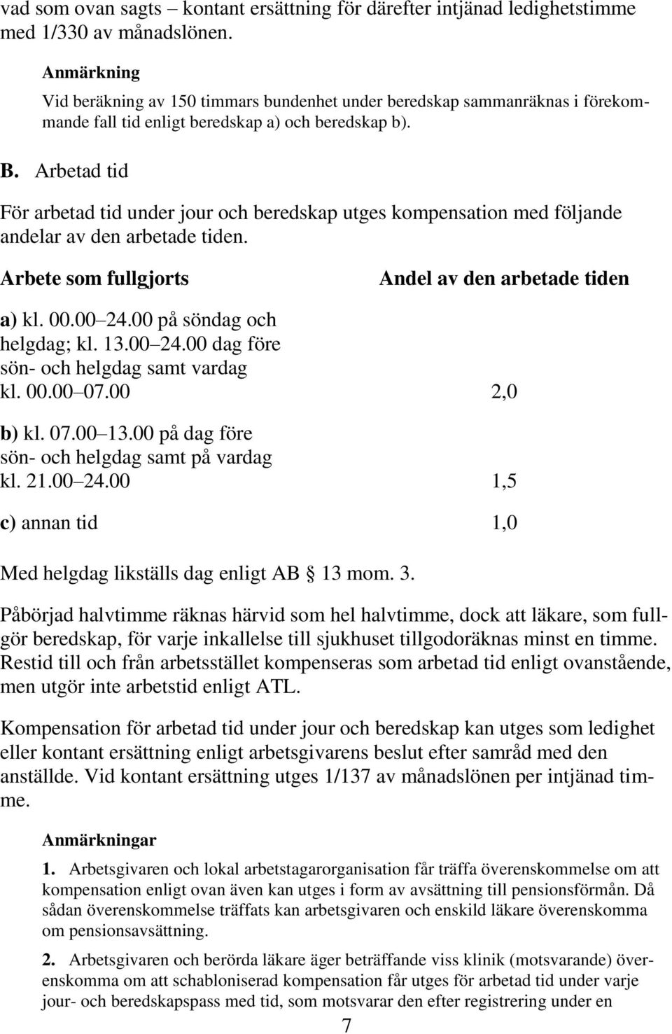 Arbetad tid För arbetad tid under jour och beredskap utges kompensation med följande andelar av den arbetade tiden. Arbete som fullgjorts Andel av den arbetade tiden a) kl. 00.00 24.