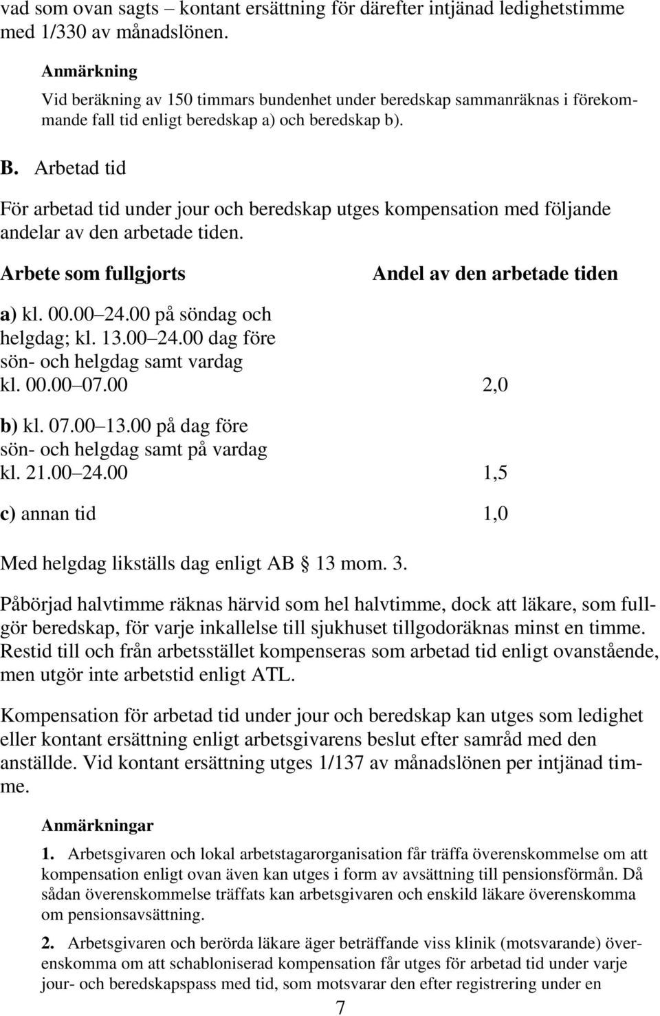 Arbetad tid För arbetad tid under jour och beredskap utges kompensation med följande andelar av den arbetade tiden. Arbete som fullgjorts Andel av den arbetade tiden a) kl. 00.00 24.