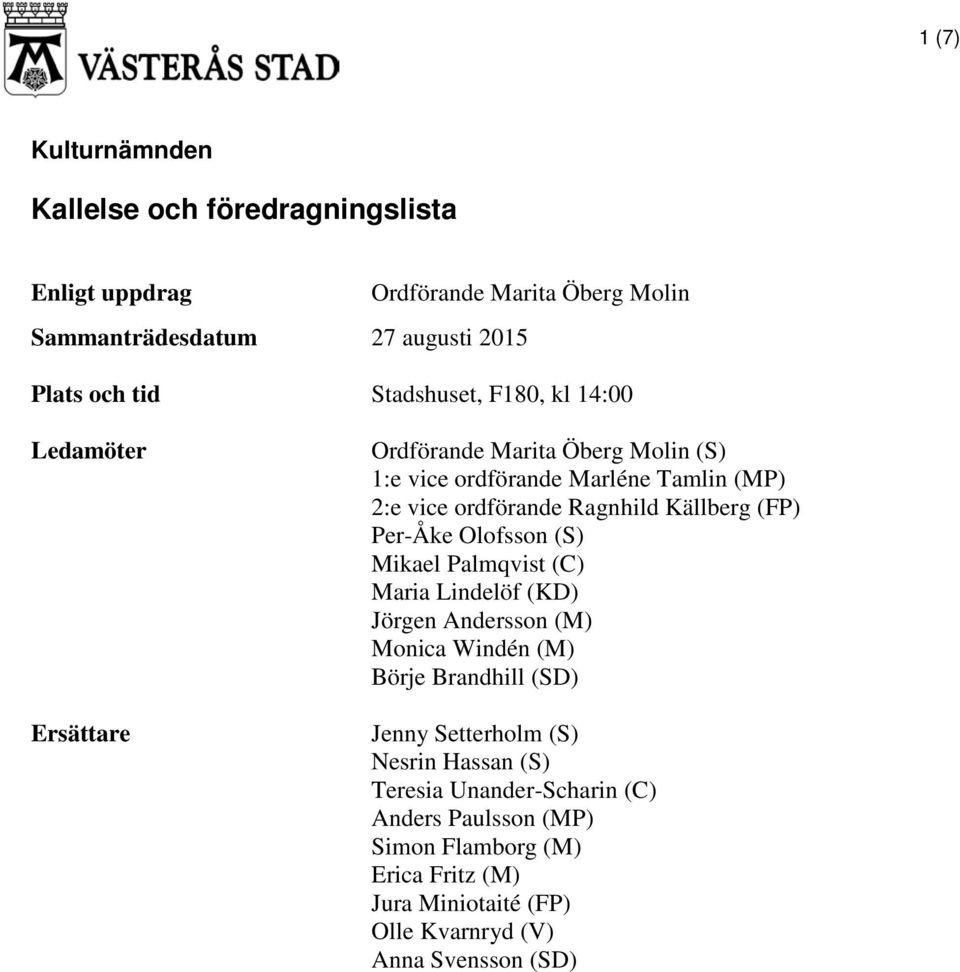 Källberg (FP) Per-Åke Olofsson (S) Mikael Palmqvist (C) Maria Lindelöf (KD) Jörgen Andersson (M) Monica Windén (M) Börje Brandhill (SD) Jenny Setterholm