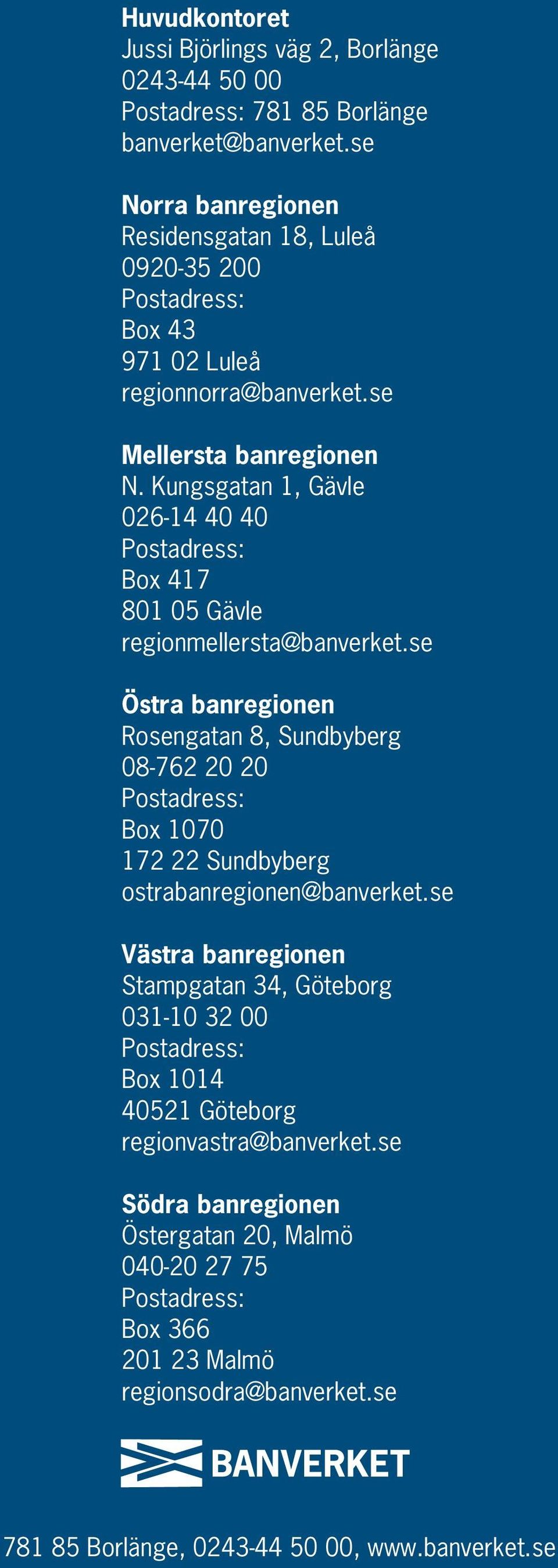Kungsgatan 1, Gävle 026-14 40 40 Postadress: Box 417 801 05 Gävle regionmellersta@banverket.