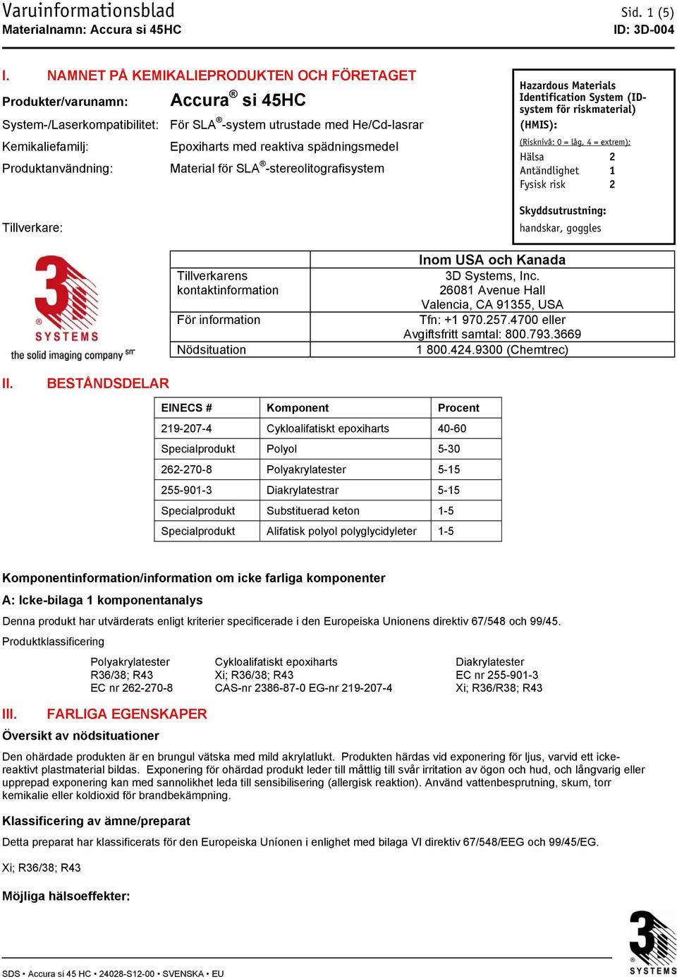 spädningsmedel Produktanvändning: Material för SLA -stereolitografisystem Tillverkare: Hazardous Materials Identification System (IDsystem för riskmaterial) (HMIS): (Risknivå: 0 = låg, 4 = extrem);