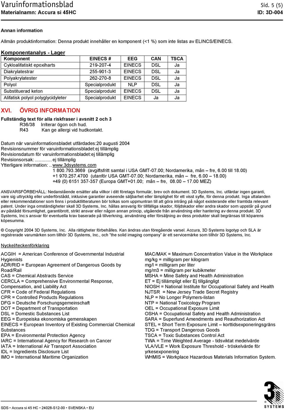 Specialprodukt NLP DSL Ja Substituerad keton Specialprodukt EINECS DSL Ja Alifatisk polyol polyglycidyleter Specialprodukt EINECS Ja Ja XVI.