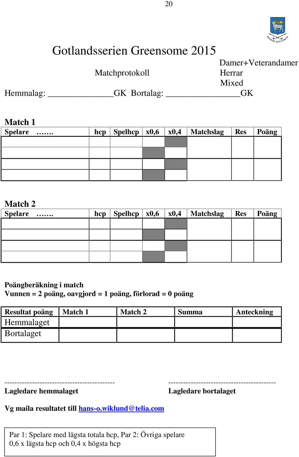 hcp Spelhcp x0,6 x0,4 Matchslag Res Poäng Poängberäkning i match Vunnen = 2 poäng, oavgjord = 1 poäng, förlorad = 0 poäng Resultat poäng Match 1 Match 2 Summa