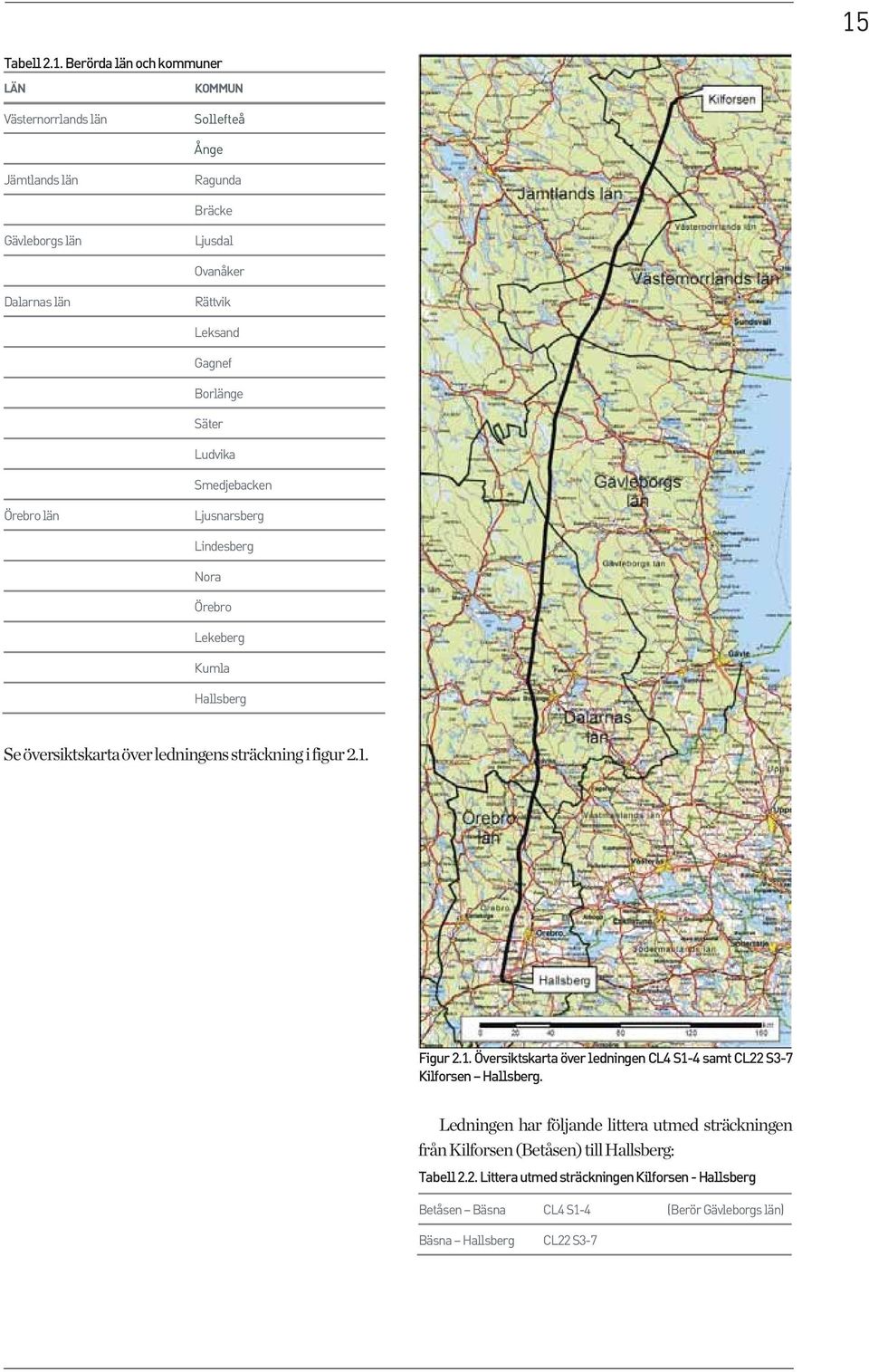 sträckning i figur 2.1. Figur 2.1. Översiktskarta över ledningen CL4 S1-4 samt CL22 S3-7 Kilforsen Hallsberg.