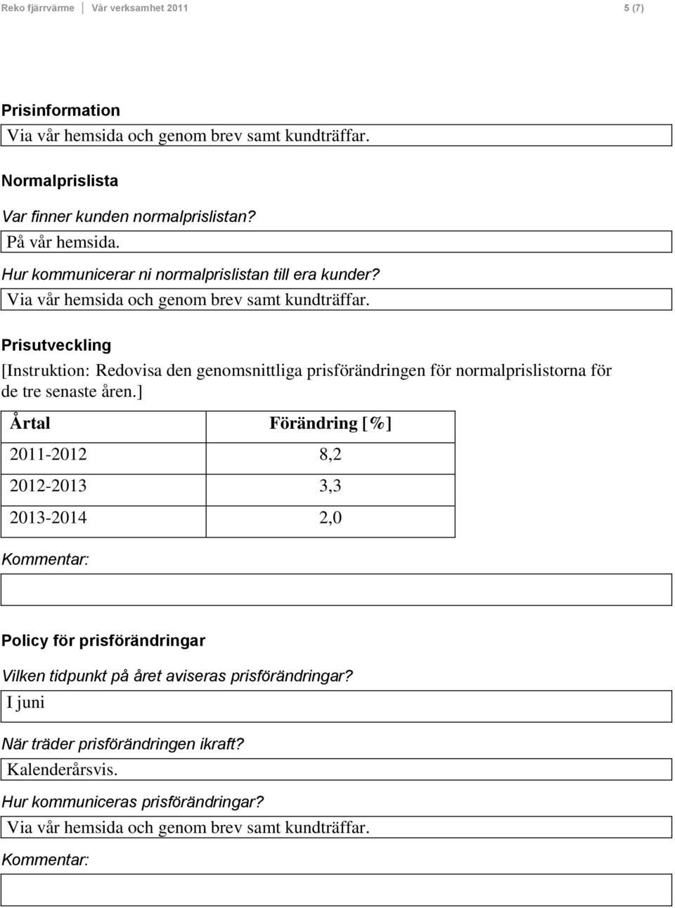 Prisutveckling [Instruktion: Redovisa den genomsnittliga prisförändringen för normalprislistorna för de tre senaste åren.